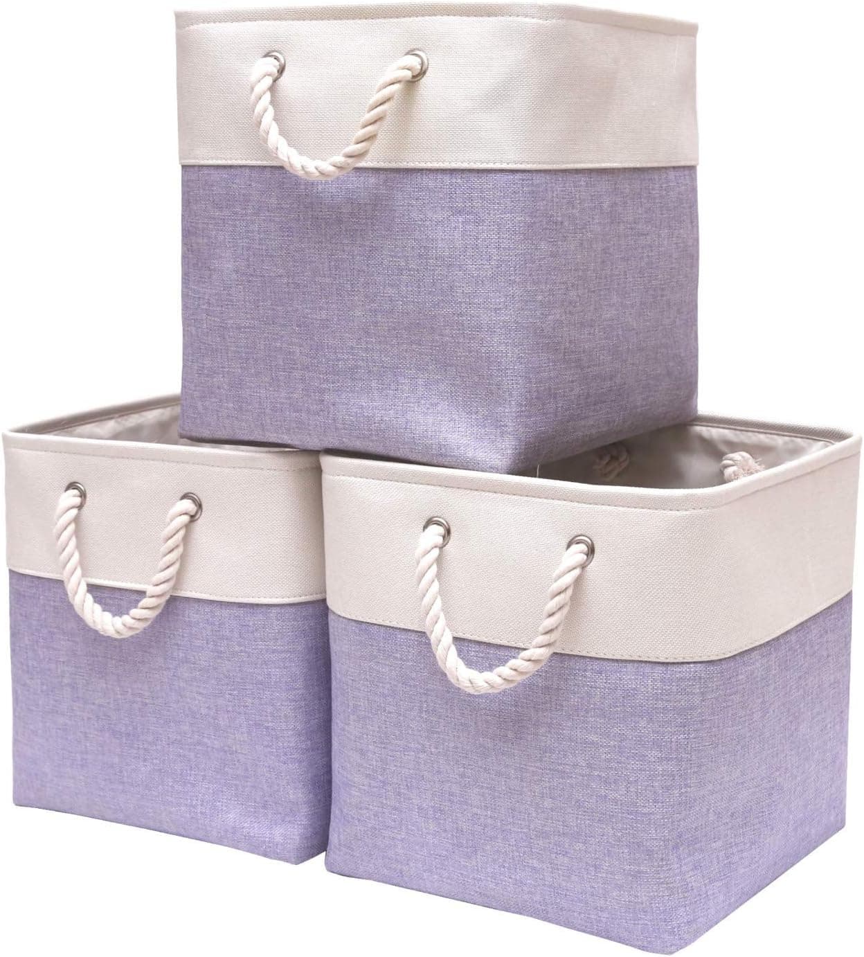 DECOMOMO Cube Storage Organizer Bins | Box Storage Cube Basket with Handles Fabric Cloth Bins for Organizing Shelf Nursery Home Closet (Purple & White, 13 x 13 x 13 inch - 3 Pack)