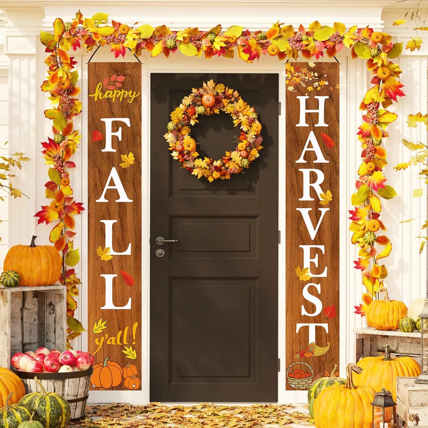 YiHee Welcome Fall Harvest Hanging Banner, Fall Porch Sign Autumn Pumpkin Maple Leaf Backdrop Flag for Home Yard Indoor Outdoor Thanksgiving Party Decorations, 12 x 72 Inch