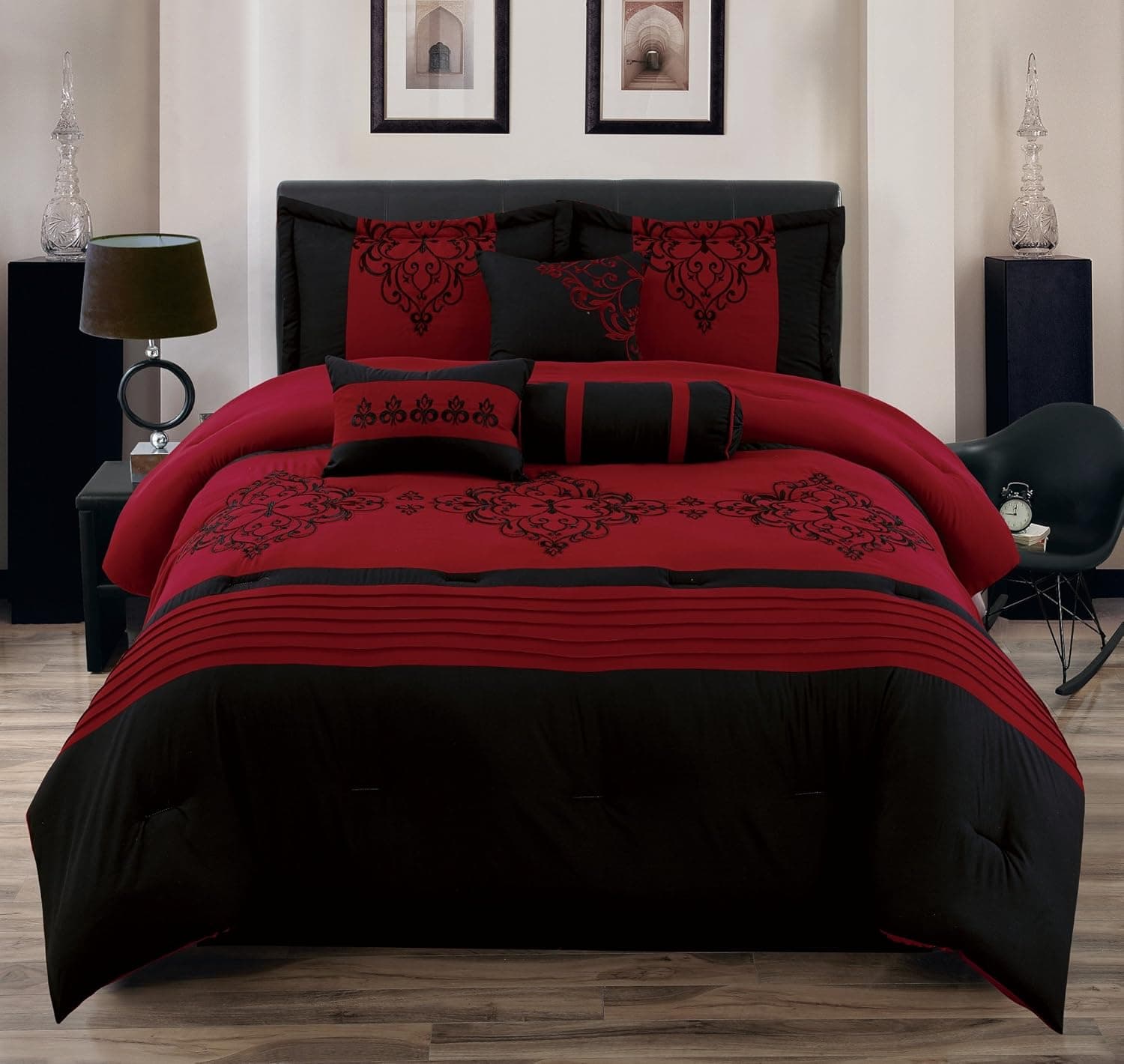 EMPIRE 8 Piece Red & Black Oversized Flocking Comforter Set (Queen)