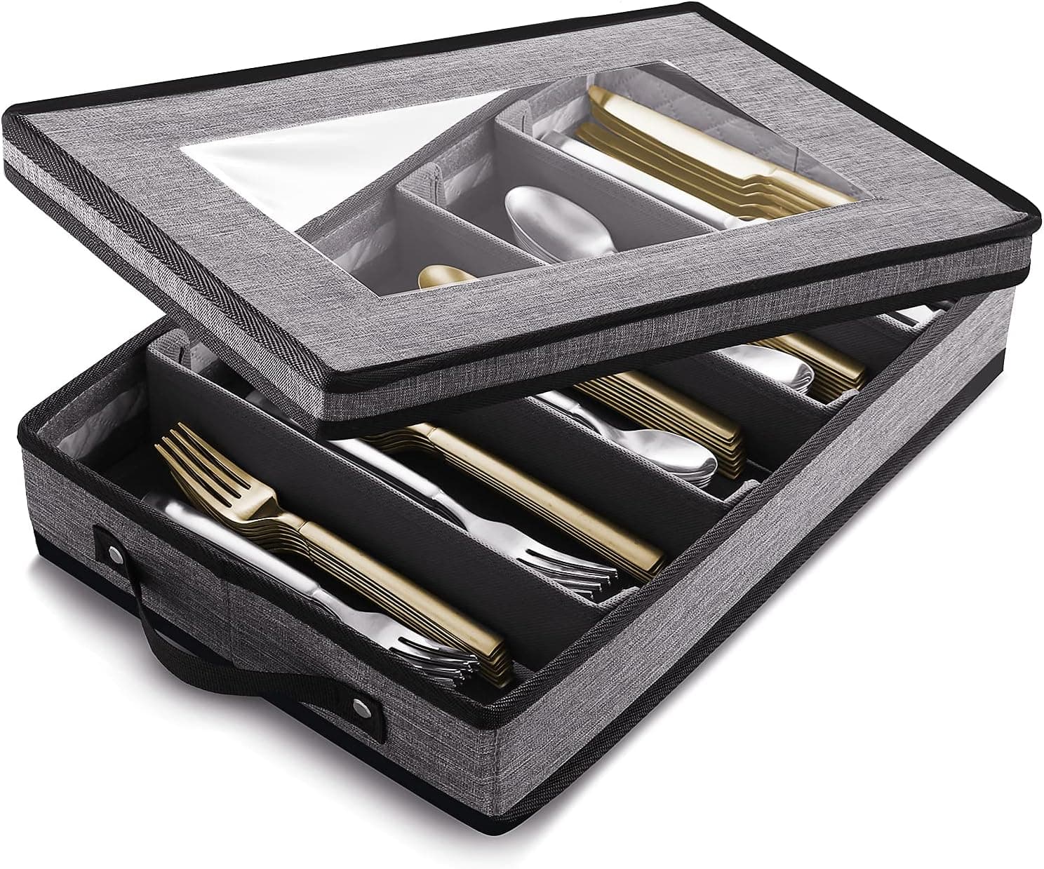 Flatware & Utensil Storage - Durable Silverware Storage Box with Padded Dividers, 5 Compartment Flatware Storage Case, Silverware Case with Handles and Removable Lid - Protects and Organizes Cutlery