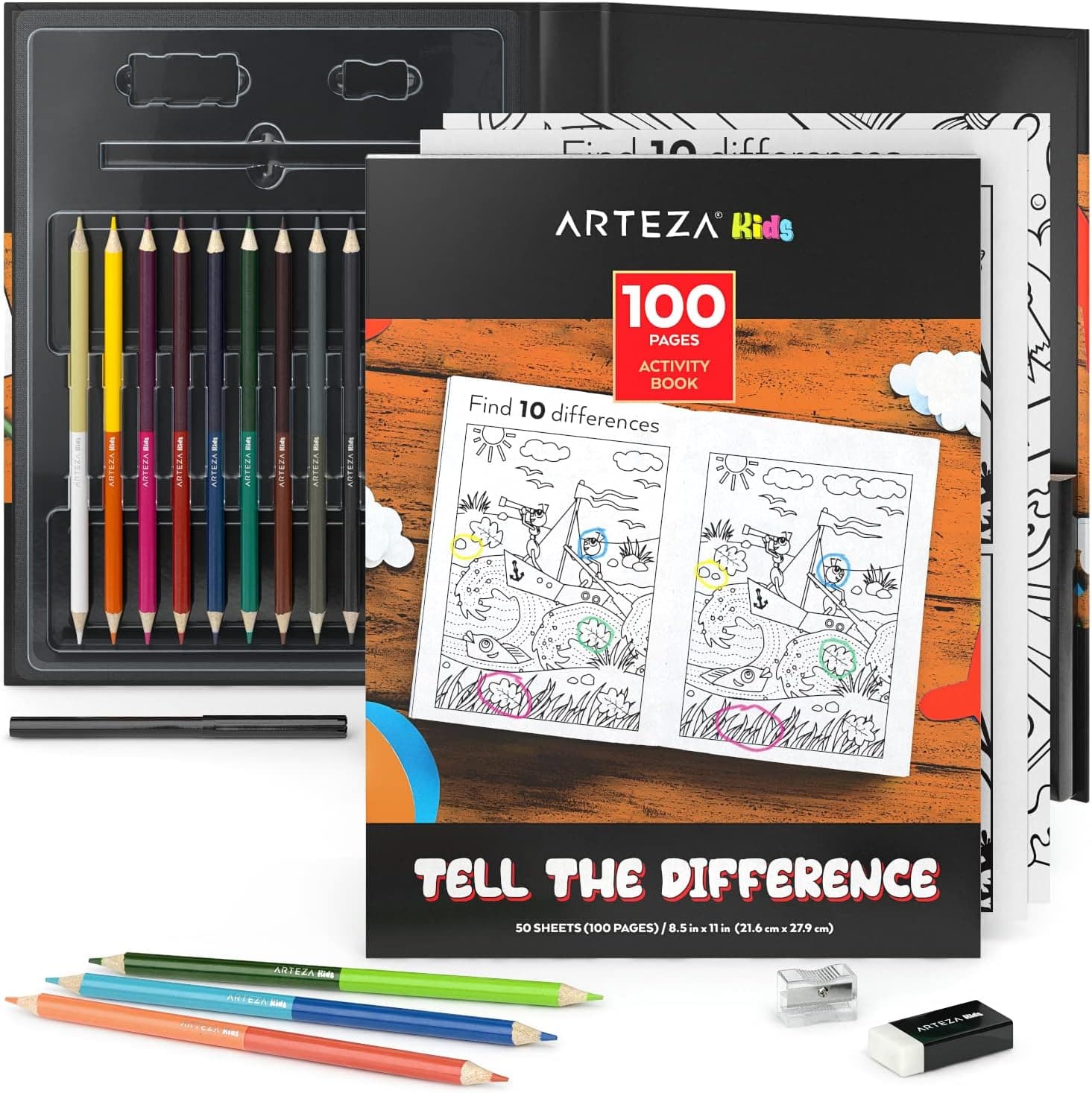 Arteza Kids Activity Book, Spot the Difference Book for Ages 6 and Up, 50 Sheets, 12 Double-Ended Colored Pencils, Black Marker, Eraser, Sharpener
