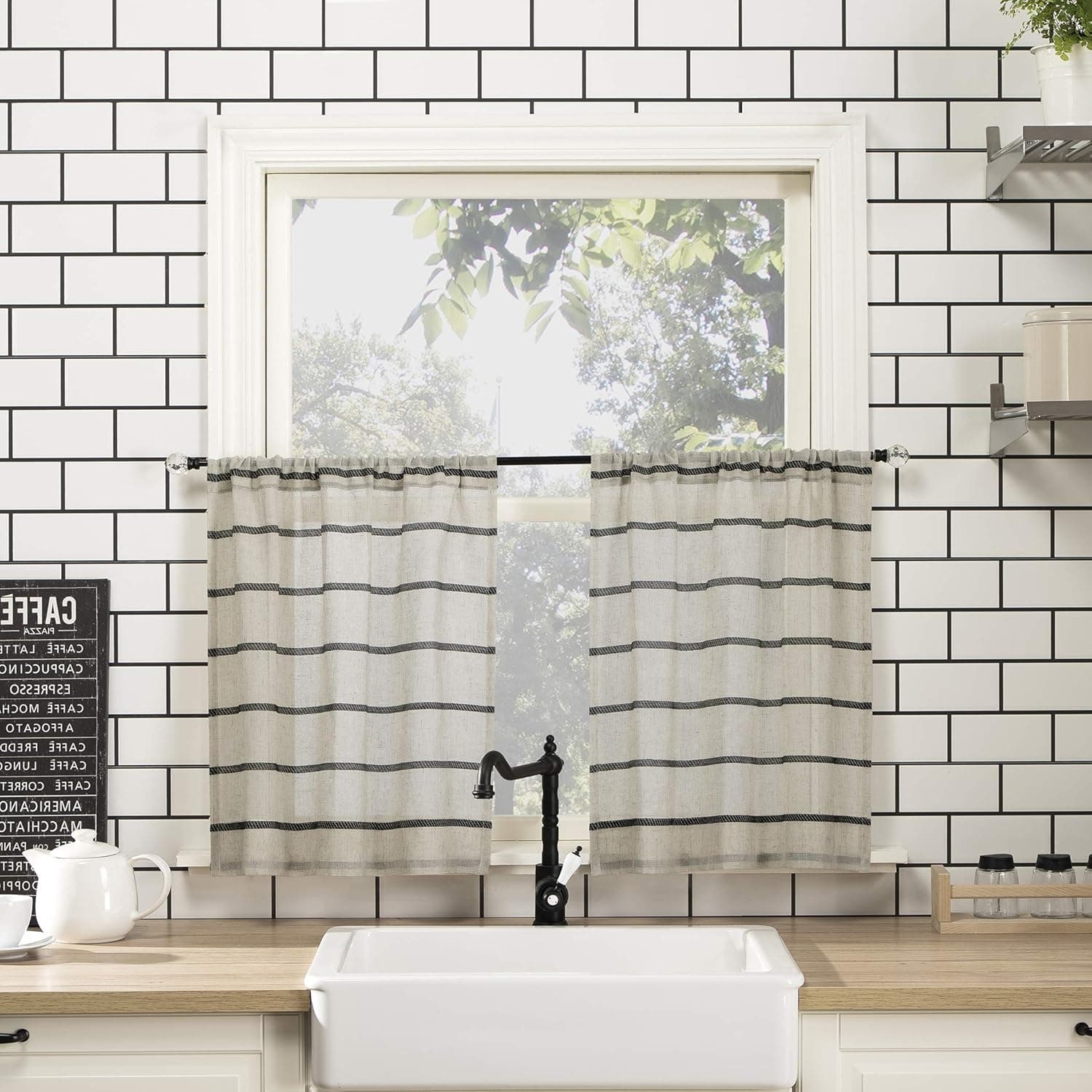 Clean Window Twill Stripe Anti-Dust Allergy/Pet Friendly Anti-Dust Sheer Cafe Curtain, 52" x 24", Black/Linen