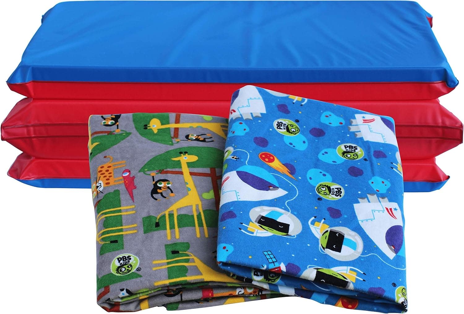 KinderMat 1.5" Thick + PBS Kids Adventure Kit - 2 Washable Covers - 47" x 22", Special Edition - Safari Party and Space Explorer - Value Bundle Great for Daycare & Family Households