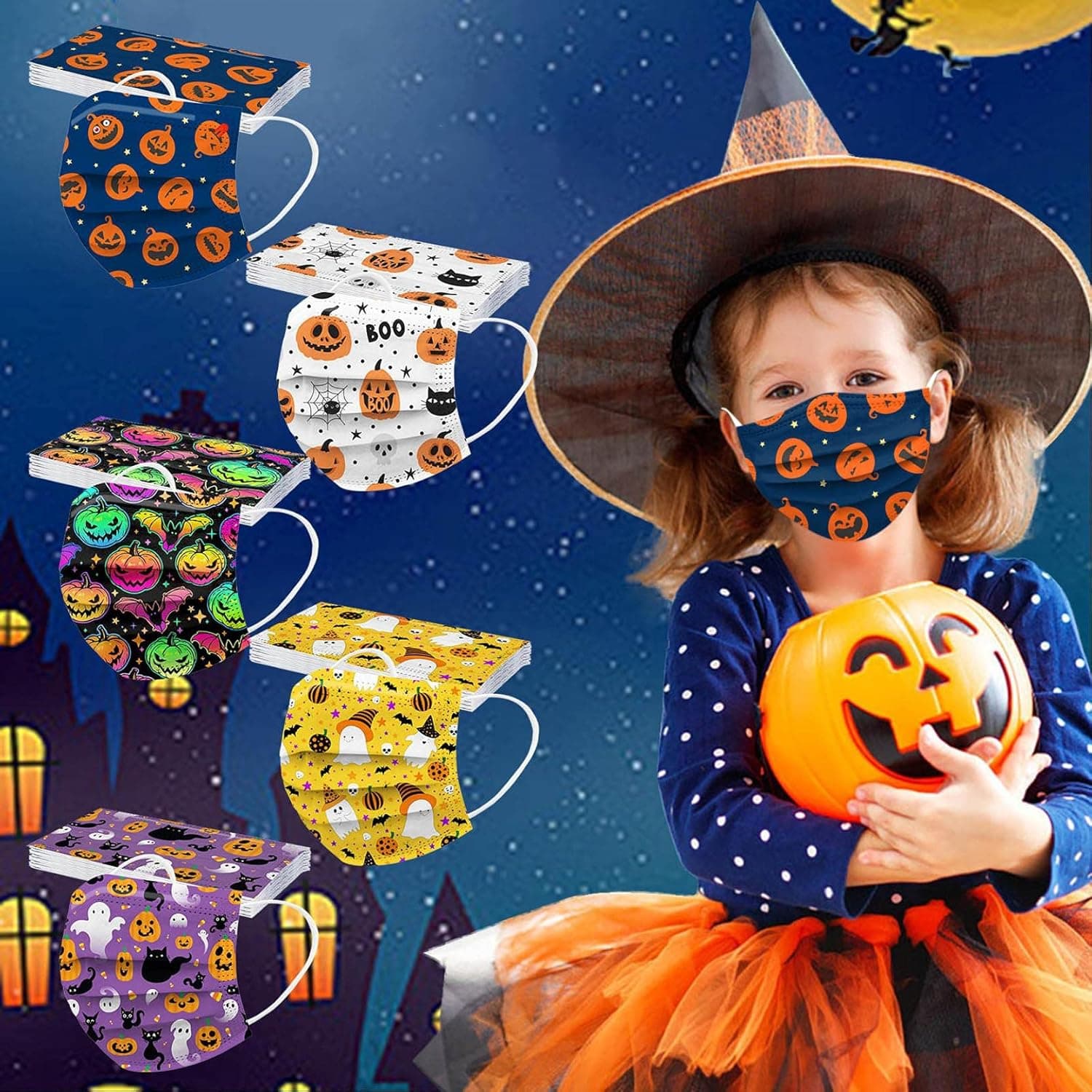 Halloween Child_Mask Disposable Face_Mask Industrial 3Ply Ear Loop 50PC for Kids (Multicolor20)