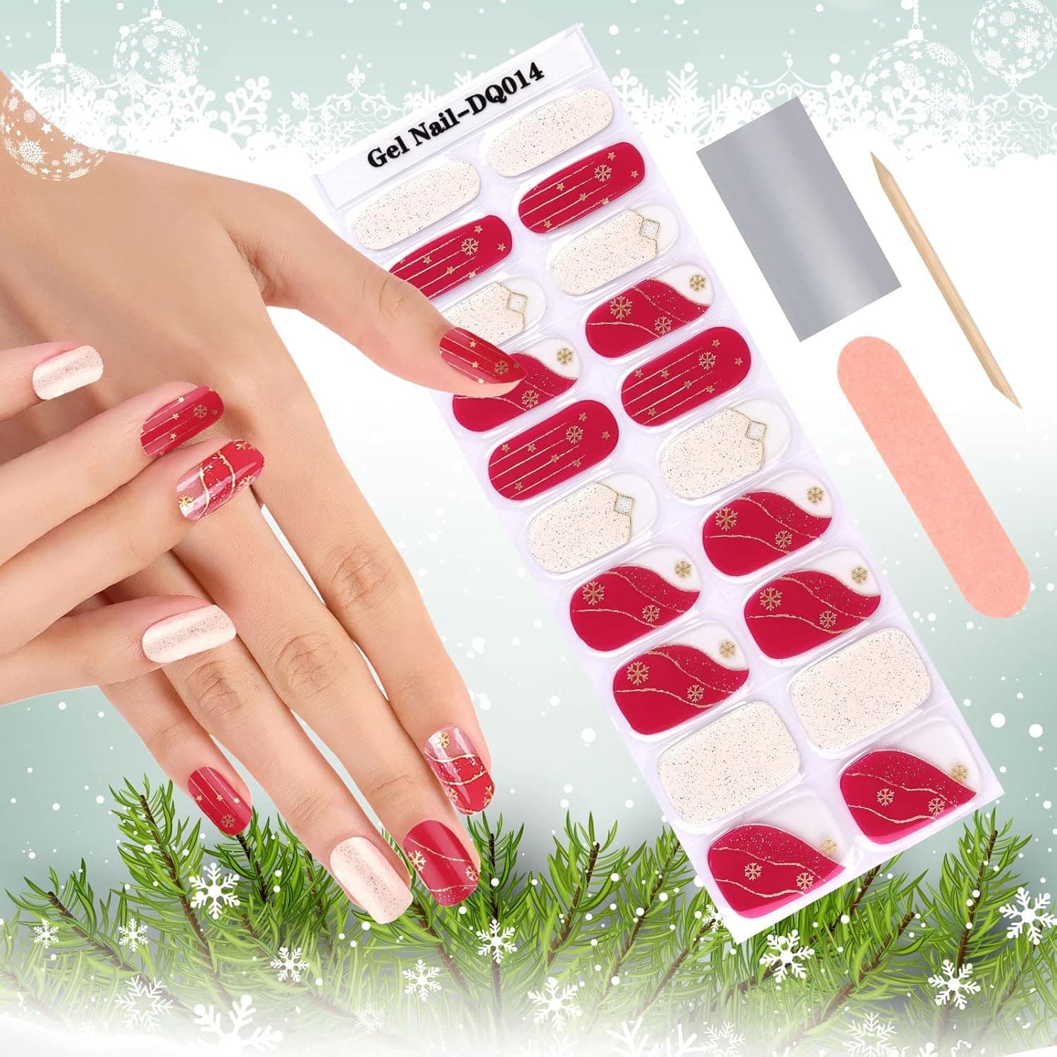Kalolary Christmas Semi Cured Gel Nail Strips, Red Full Wraps Stickers Real Gel Nail Polish Wraps New Year Nail Art Design for Women Girl