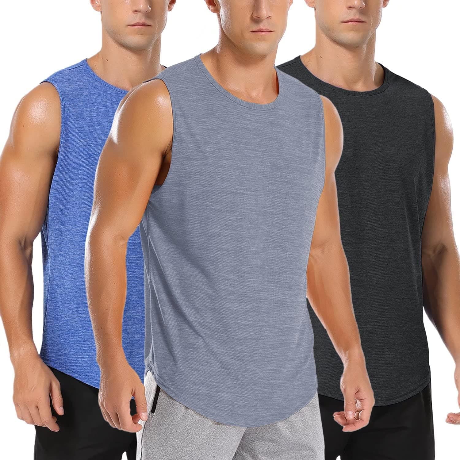 Amussiar Men's 3 Pack Workout Tank Tops Mesh Gym Sleeveless Dry Fit Bodybuilding Shirts Fitness Athletic Muscle Tee