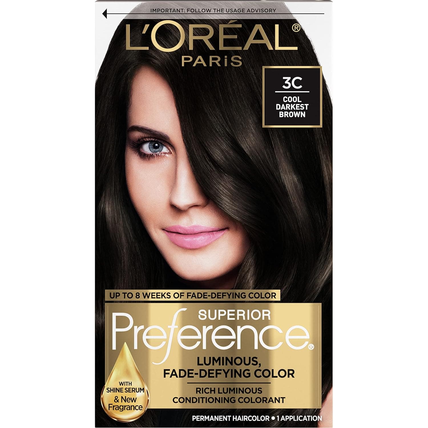 L'Oreal Paris Superior Preference Fade-Defying + Shine Permanent Hair Color, 3C Cool Darkest Brown, Pack of 1, Hair Dye