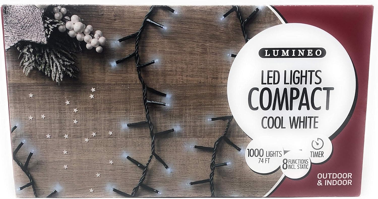 Lumineo 1000 LED Cool White Christmas Compact Lights Set, Green Wire 74 Feet