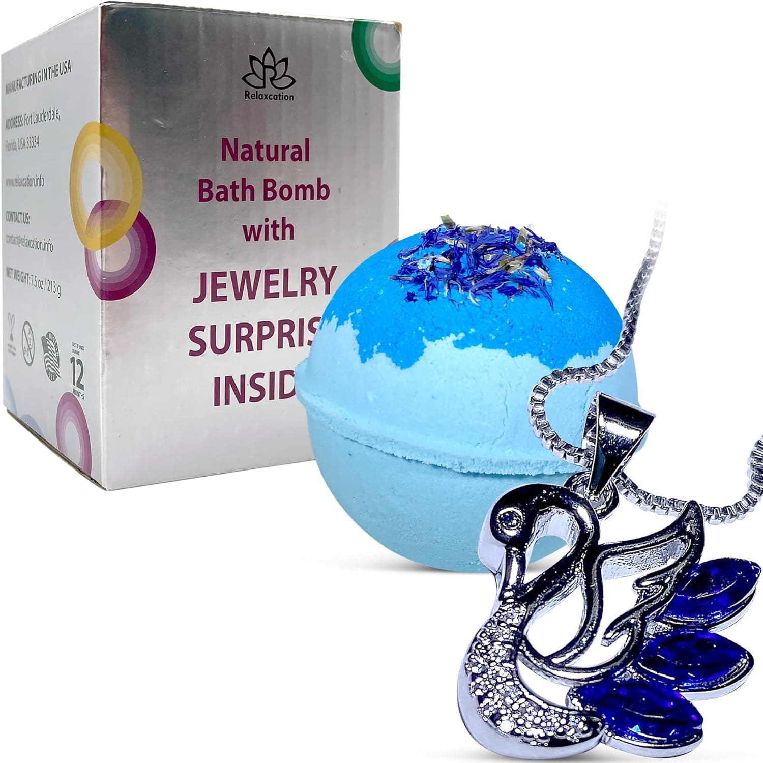 Bath Bomb with Surprise SWAN Necklace Inside - White Gardenia Scent - Skin Moisturizing Natural Ingredients Safe for Kids - Bath Bomb with SWAN Jewelry Inside for Women