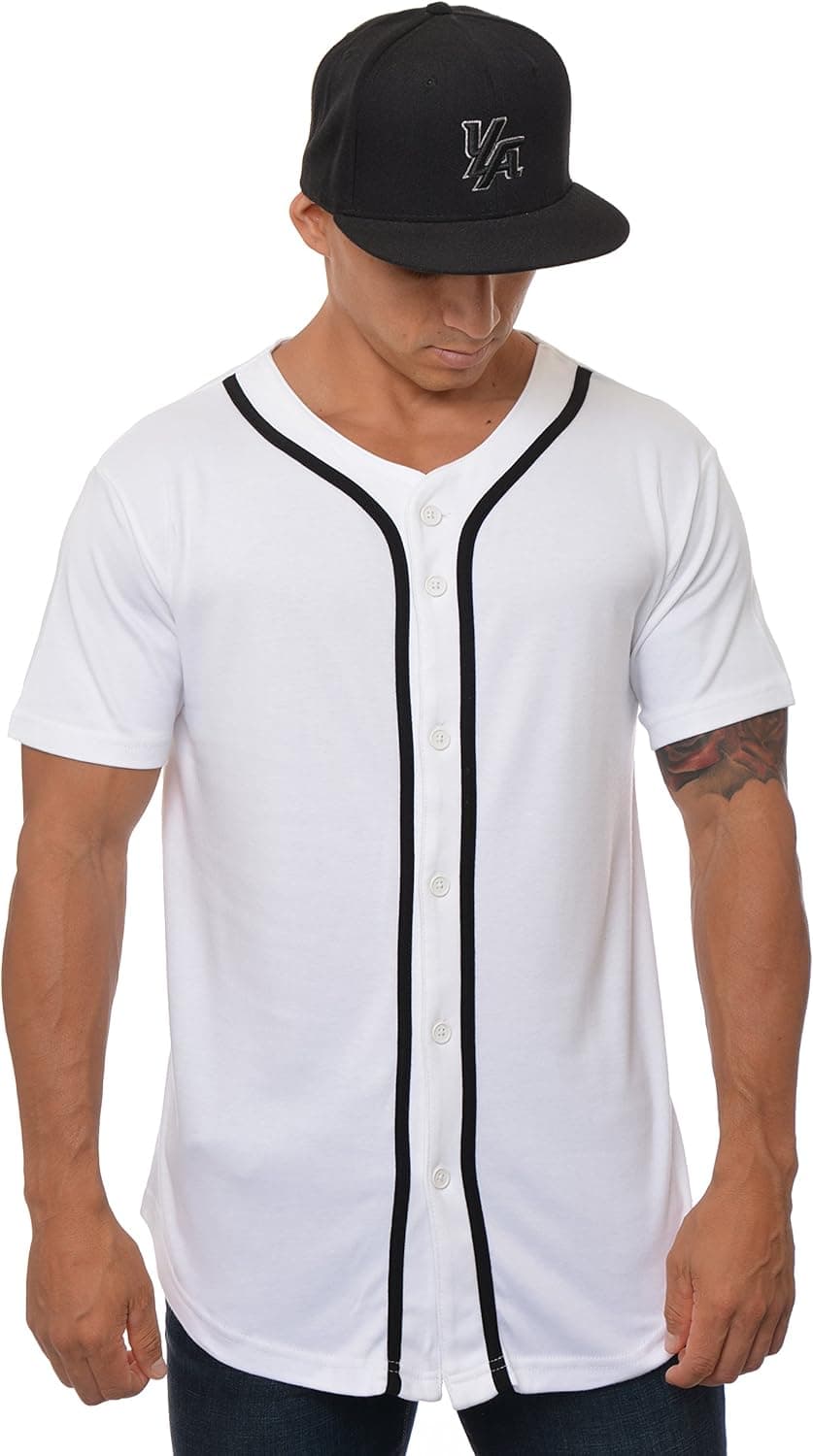 YoungLA Baseball Jersey Plain Shirts for Men Button Down Sports Tee Made w/Soft Cotton 304 White - Large