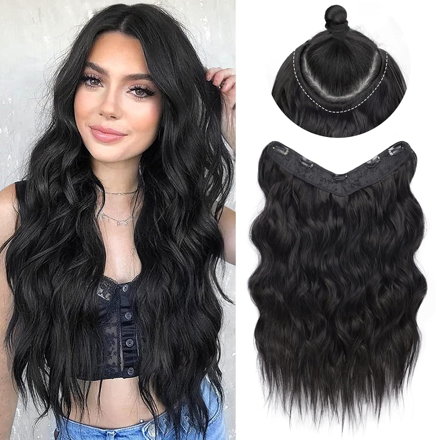 NANNAN Black Clip in Hair Extensions Long Wavy U-Shaped Hair Extension with 5 Secure Clips Synthetic Hairpieces for Women