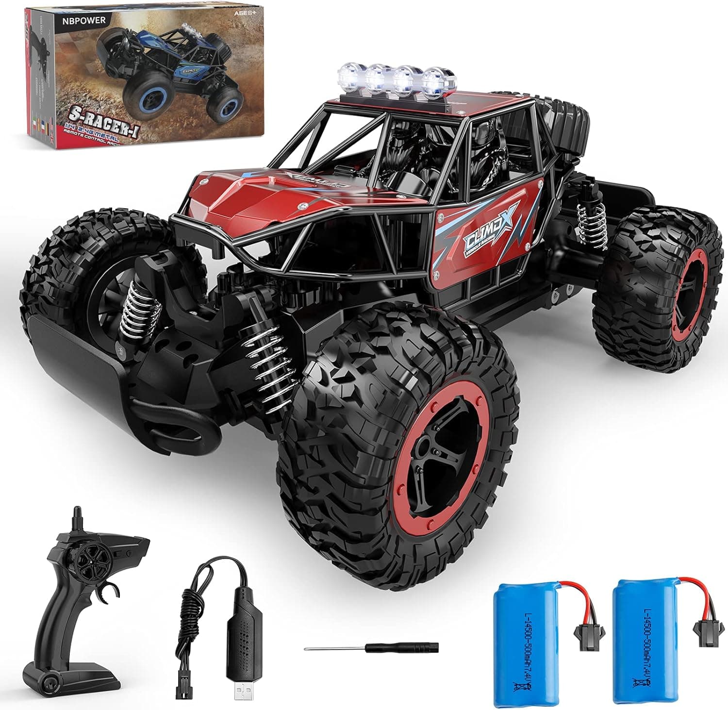 NBPOWER RC Cars for Age 8-12, 1:14 Scale Monster Trucks, 2WD High Speed 20 Km/h Remote Control Car, 2.4GHz All Terrain Toy Trucks with 2 Rechargeable Battery, Outdoor Toy for Boys and Girls