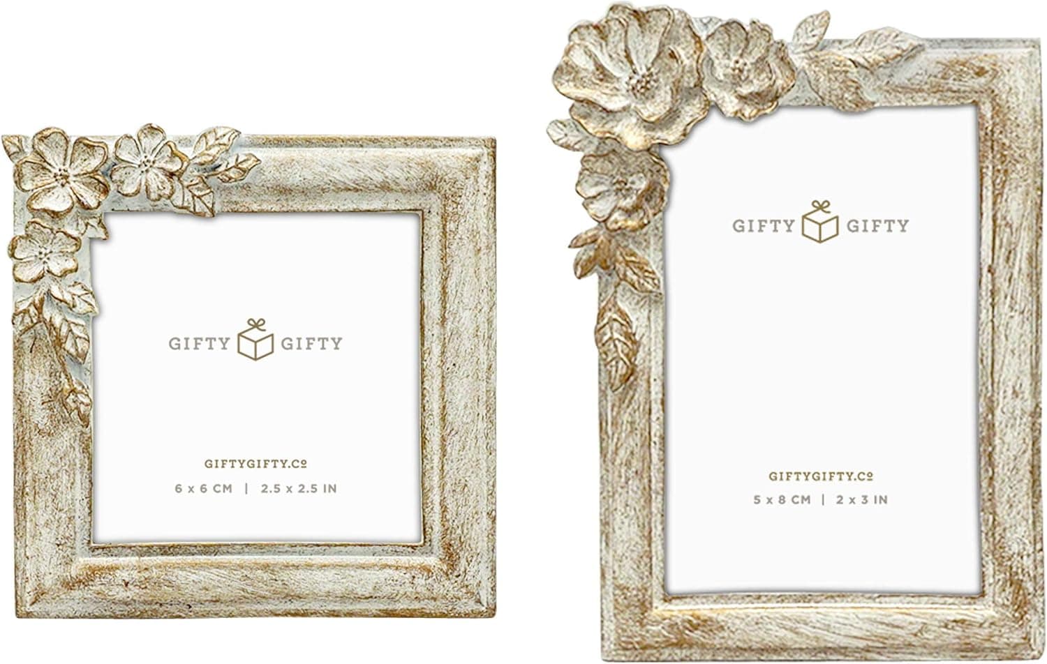 GIFTY GIFTY Vintage Floral Mini Frame Set/Set of 2 / 2x3 & 2.5x2.5 in | for Tabletop Display | Perfect for Home Decor, Wedding, Graduation, Or Milestone Photos (Gold with White)