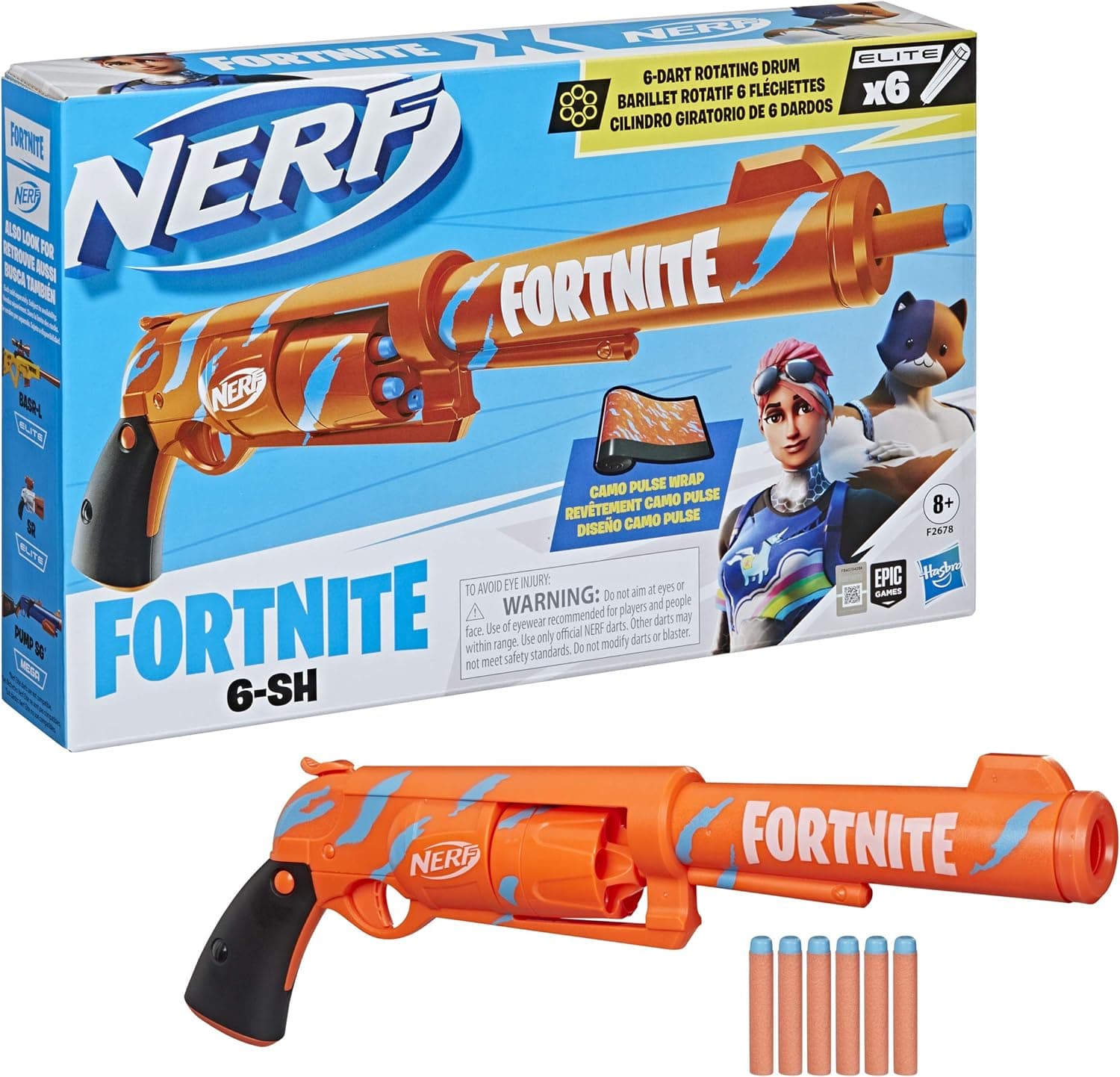 NERF Fortnite 6-SH Dart Blaster - Camo Pulse Wrap, Hammer Action Priming, 6-Dart Rotating Drum, Includes 6 Official Elite Darts