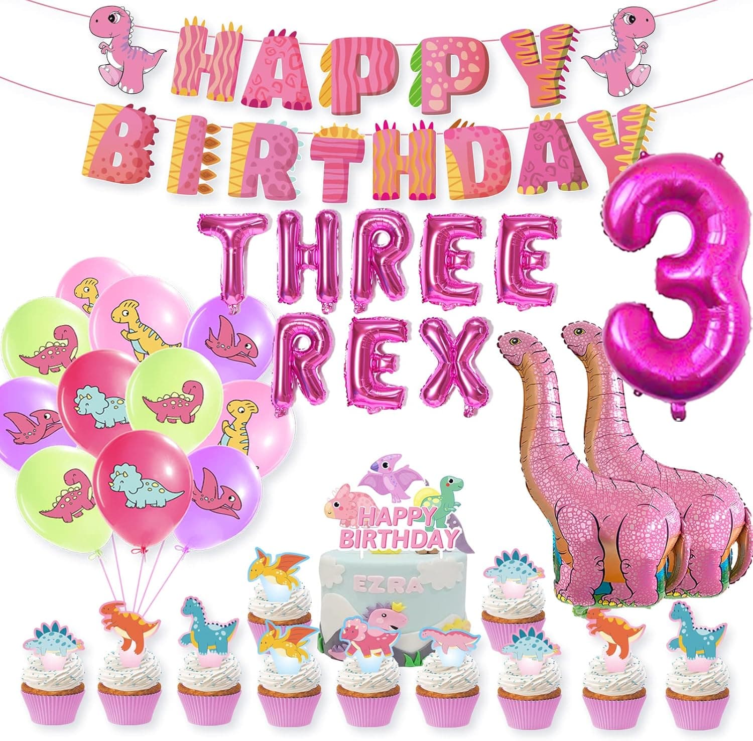 Vlipoeasn Pink Dinosaur Birthday Party Supplies For Girls, 3 Rex Birthday Decorations Girl, Dinosaur 3rd Birthday Supplies Three Rex Dinosaur Balloons Banner Cake Topper, Three Rex Birthday Party Decorations