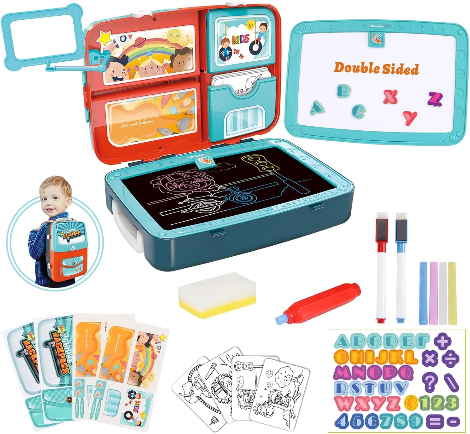 Double-Sided Magnetic Board Backpack Toy - 18 pcs Portable Drawing Chalkboard and Whiteboard with Letters Number Magnets, Chalk, Eraser & Markers STEAM Learning Playset for Toddlers Kids 2 3 4 5