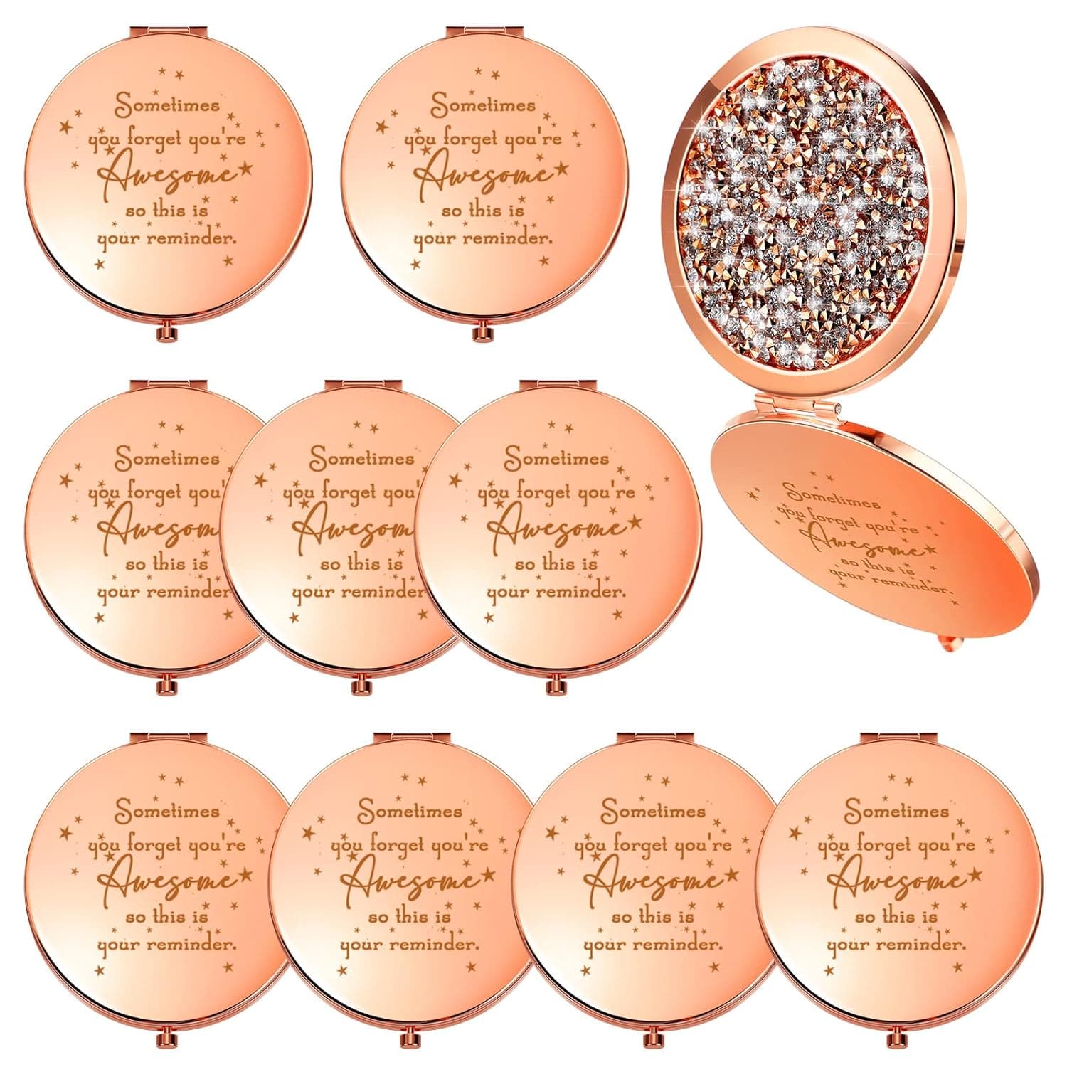 10 Pcs Inspirational Compact Mirror, Sometimes You Forget You're Awesome, Appreciation Thank You Gifts for Women Girls Coworker Friends Teacher Nurse Travel Magnifying Pocket Mirror (Rose Gold)