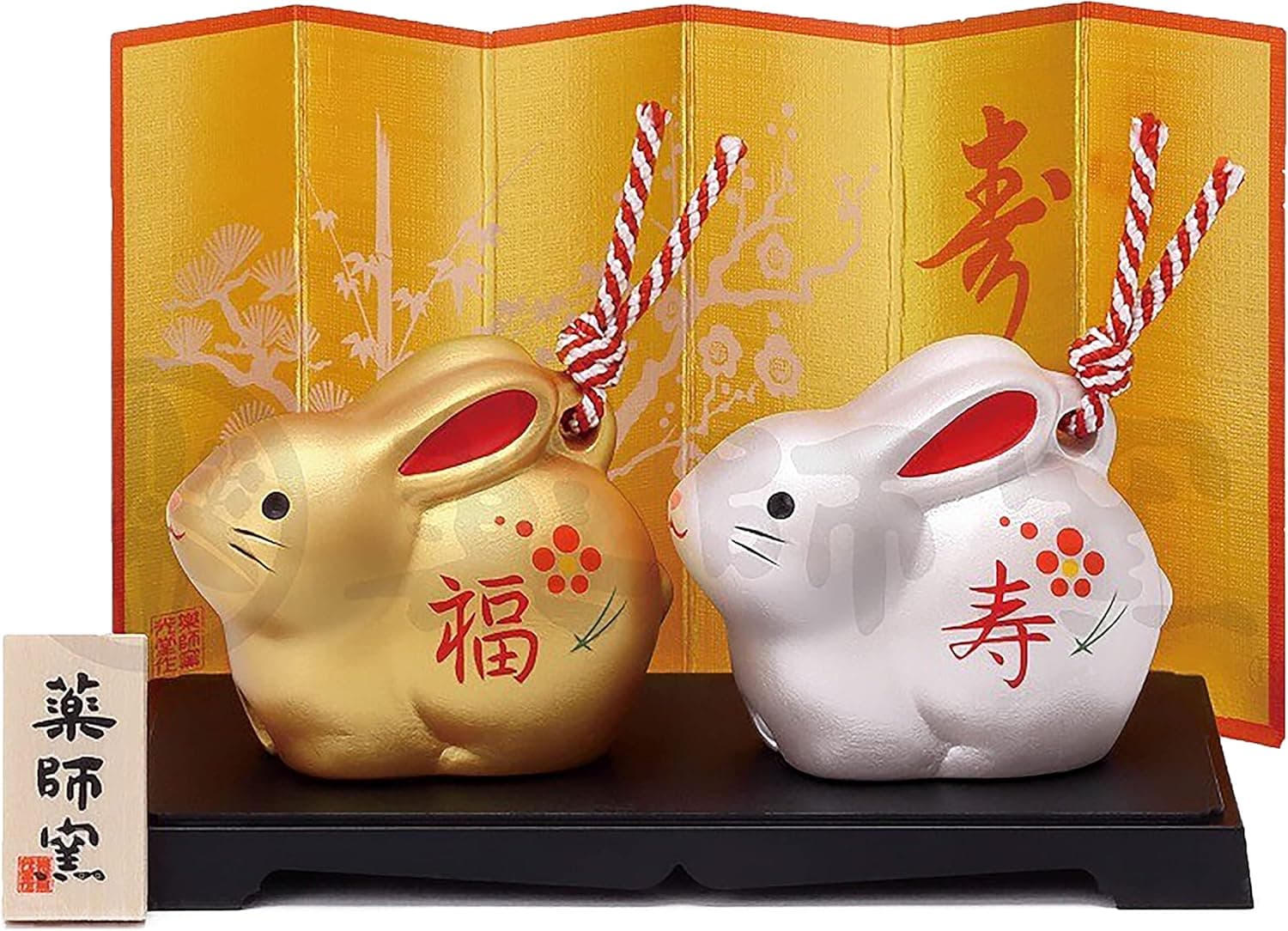 69 Gold and Silver A Pair of Cute Bell Design Rabbits. Year of The Rabbit 2023 Japanese Zodiac Pottery Room Ornament. for Happy New Year!