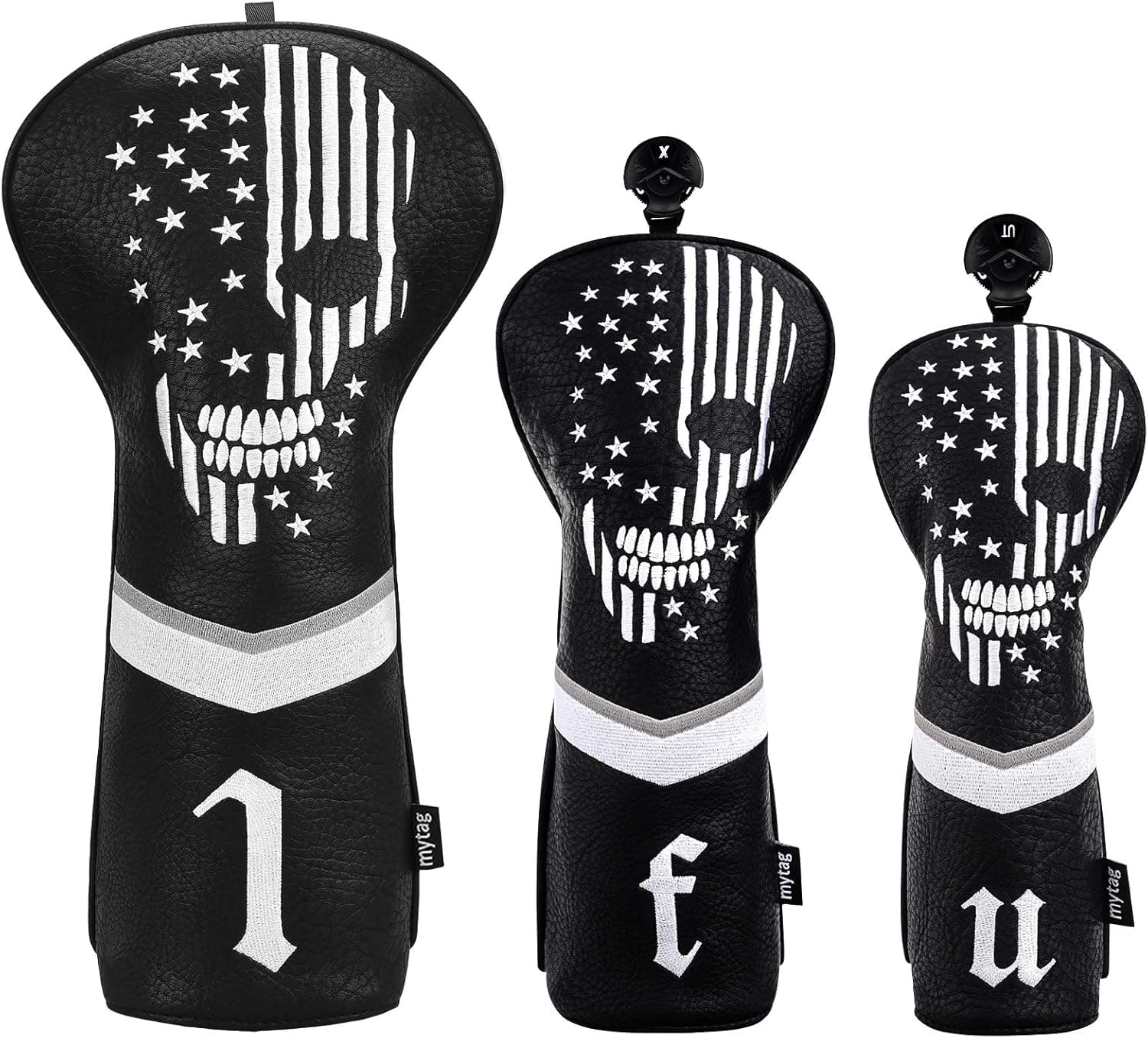 mytag Golf Skull Skeleton Head Cover Golf Club Black Leather Headcovers Set Fits Driver Fairway Wood Hybrid Utility Putter Iron Wedge Headcover