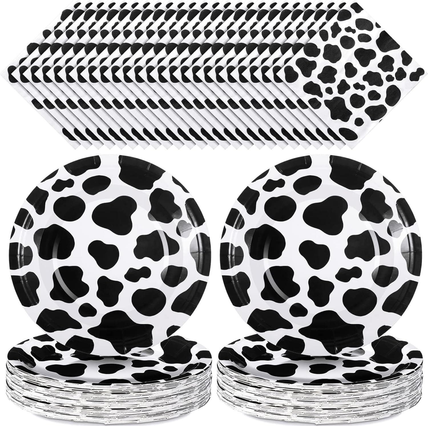 Spakon Cow Print Birthday Party Supplies Cow Plates 7 inch and Napkins 5 inch, Cow Theme Party Supplies Farm Animal Barn Party Supplies for Cow Theme Birthday Party Decorations(160 Pieces), White