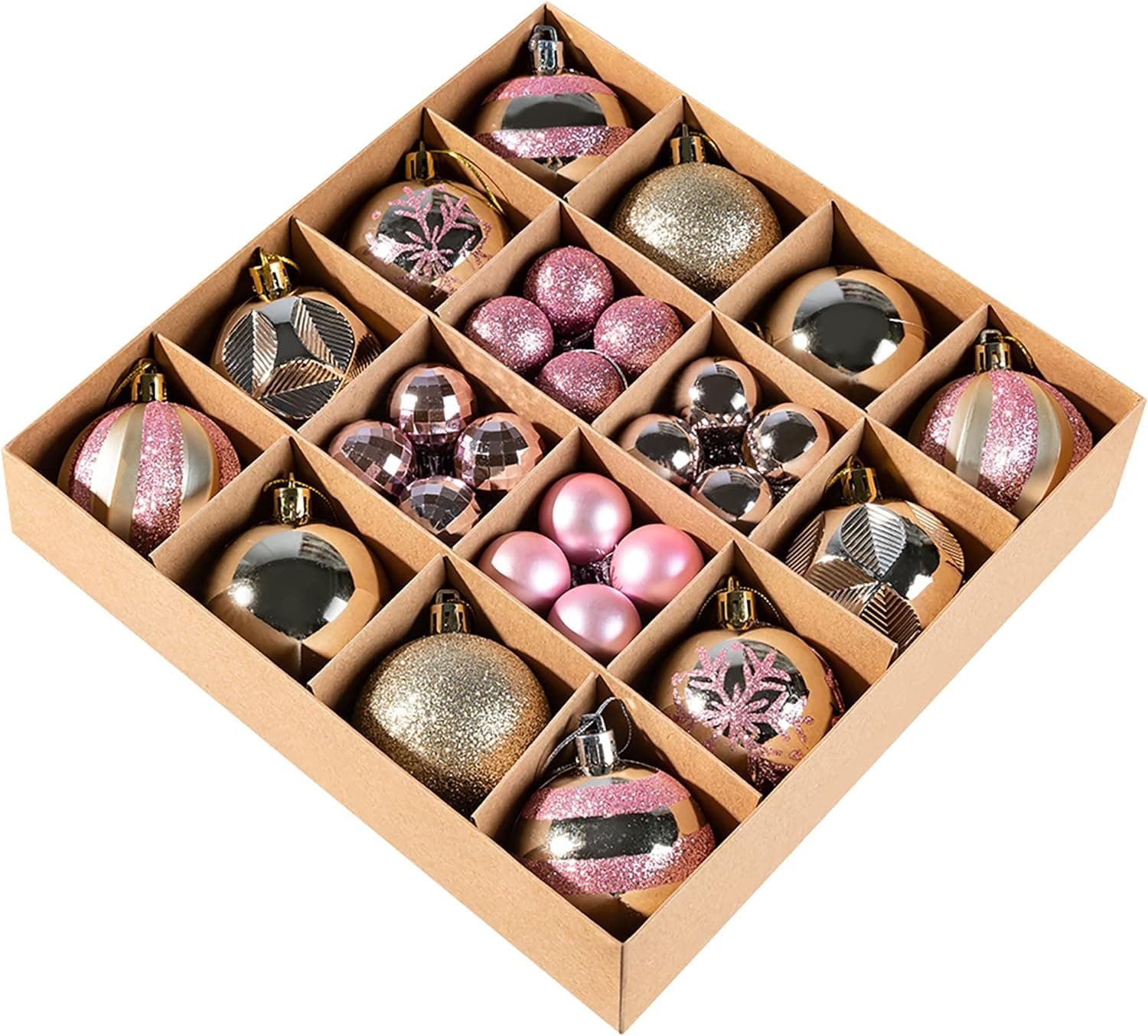 44Pcs Champagne Christmas Ball Ornaments, Shatterproof Xmas Tree Hanging Decoration Balls Set, Assorted Christmas Balls Set for Decorate Christmas Trees/Wedding/Home Party/Holiday (Champagne&Pink)