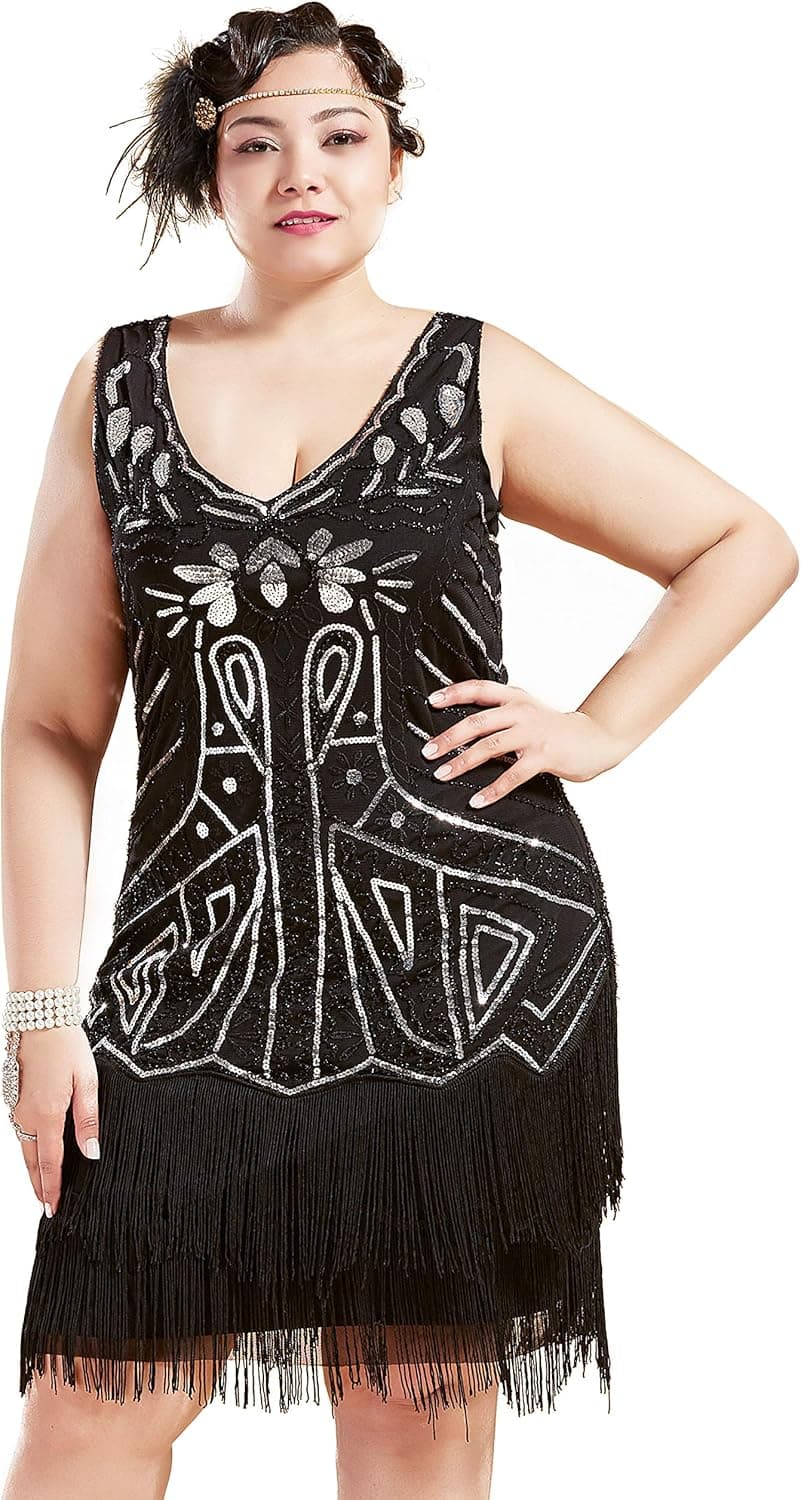 BABEYOND Women's Plus Size Flapper Dresses 1920s V Neck Beaded Fringed Great Gatsby Dress