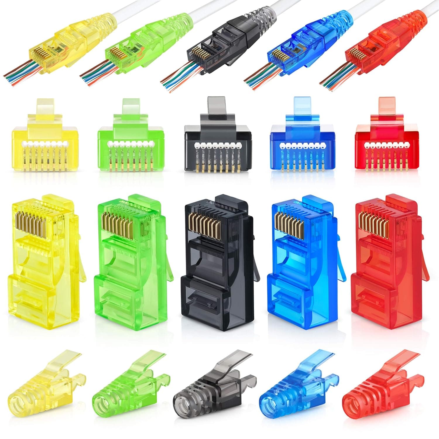 EMS RJ45 Cat6 Pass Through Connectors and Strain Relief Boots, Assorted Colors - Pack of 100/100 | EZ to Crimp Modular Plug for Solid or Stranded UTP Network Cable