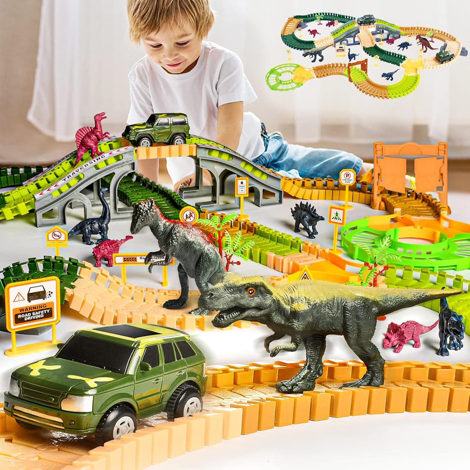 Doloowee Dinosaur Toys for Kids, 239 Pcs Flexible Track Playset with 8 Dinosaurs, 2 Race Car Toys,Create A Dinosaur World Road Race Track Toddler Toys for 3 4 5 6 Year & Up Old Boys Girls Best Gift