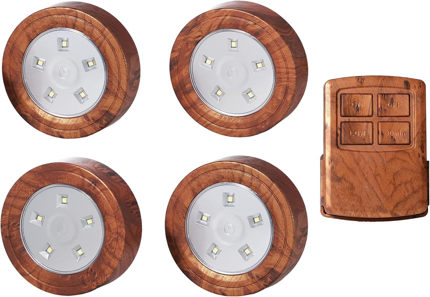 happetite LED Puck Lights with Wireless Remote, Dimmable Under Cabinet Lights with Timer, Battery Operated Puck Lights, for Kitchen, Bedroom , Under Counter, Hallway, Stairs. 4 Pack (Elmwood)
