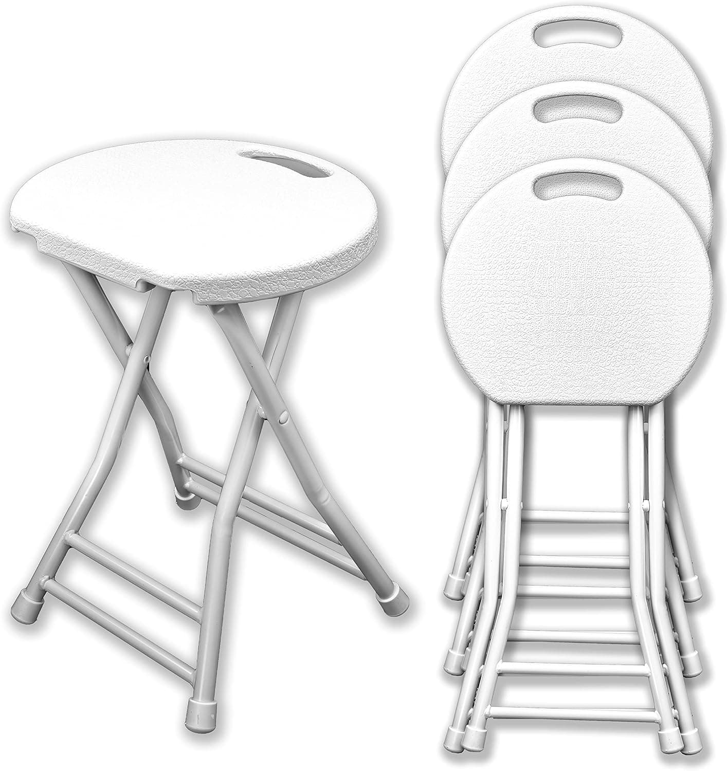 Stronger Frame 4 Pack 18'' White Foldable Stackable Portable Chair Stool for Adult, Light Weight Collapsible Round Room Picnic Dinner Camping Fishing (White)
