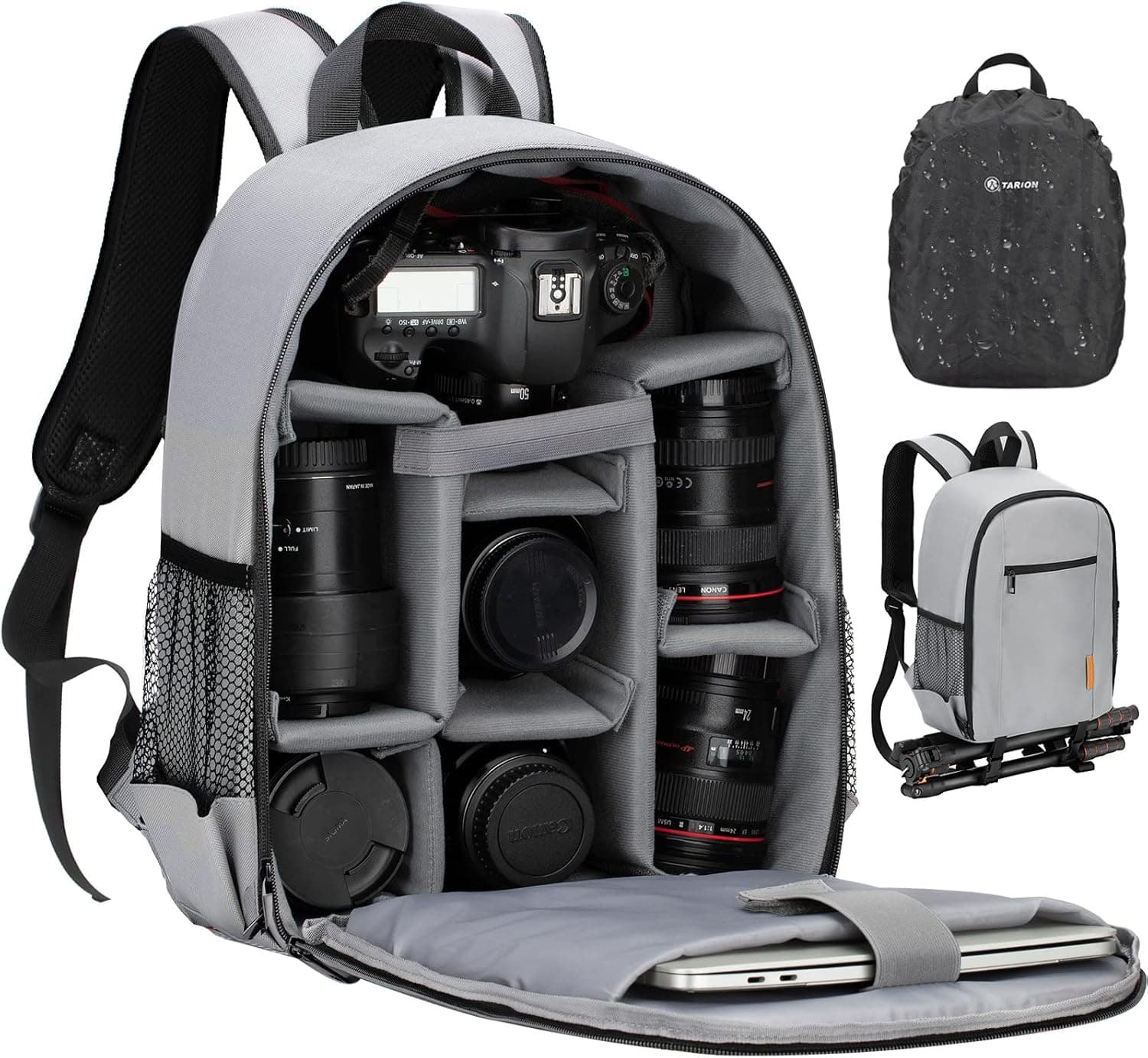 TARION Camera Bag Professional Camera Backpack Case with Laptop Compartment Waterproof Rain Cover for DSLR SLR Mirrorless Camera Lens Tripod Photography Backpack for Women Men Photographer Grey TB-S