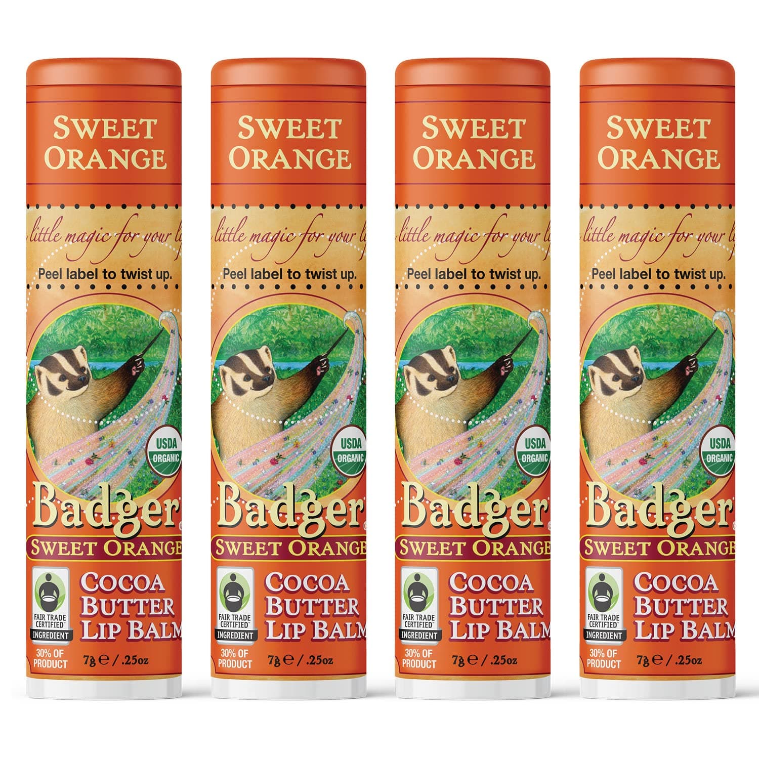 Badger - Cocoa Butter Lip Balm, Sweet Orange, Certified Organic Lip Balm, Fair Trade, Lip Butter, Lip Balm Cocoa Butter, Cocoa Care Lip Balm, 0.25 oz (4 Pack)