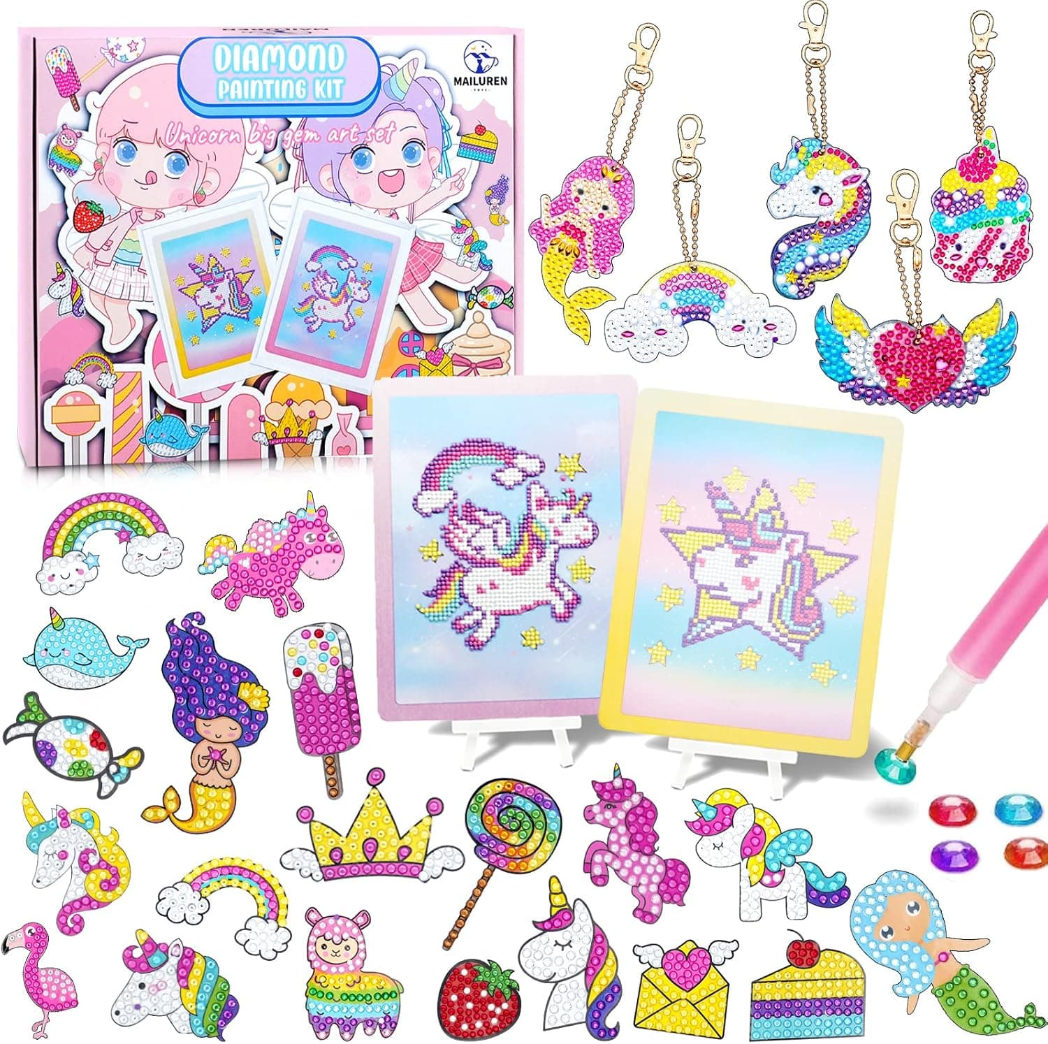 MAILUREN Diamond Painting Kits for Kids, Gem Art Kit, 5D Gem Double Side Keychains, Diamond Art Stickers, Unicorn Diamond Painting, Arts and Crafts for Kids Ages 8-12 with Colorful Box