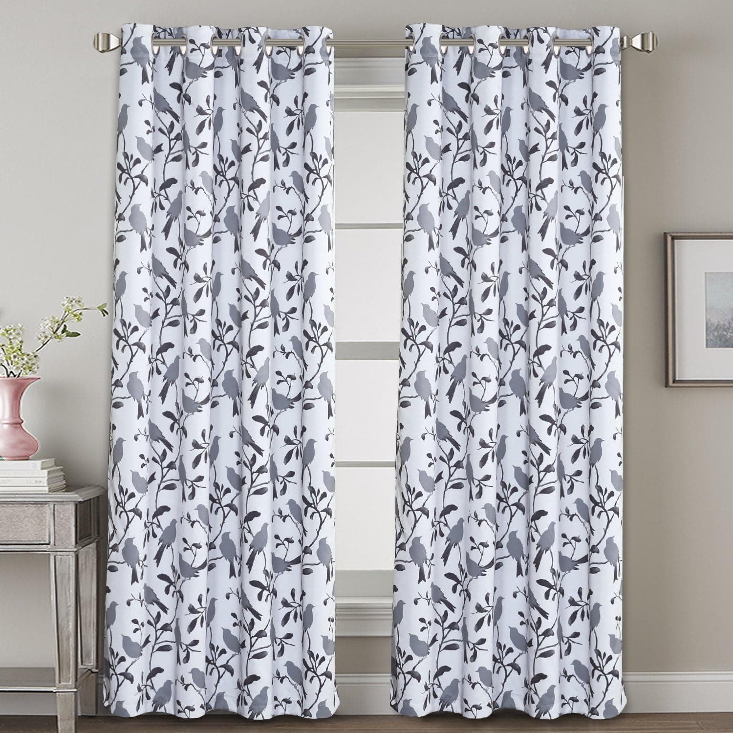 H.VERSAILTEX Blackout Curtains for Bedroom 84 Inches Length Thermal Insulated Grey Birds on White Curtain Drapes for Living Room Energy Efficient Room Darkening Home Decoration Curtains Pair
