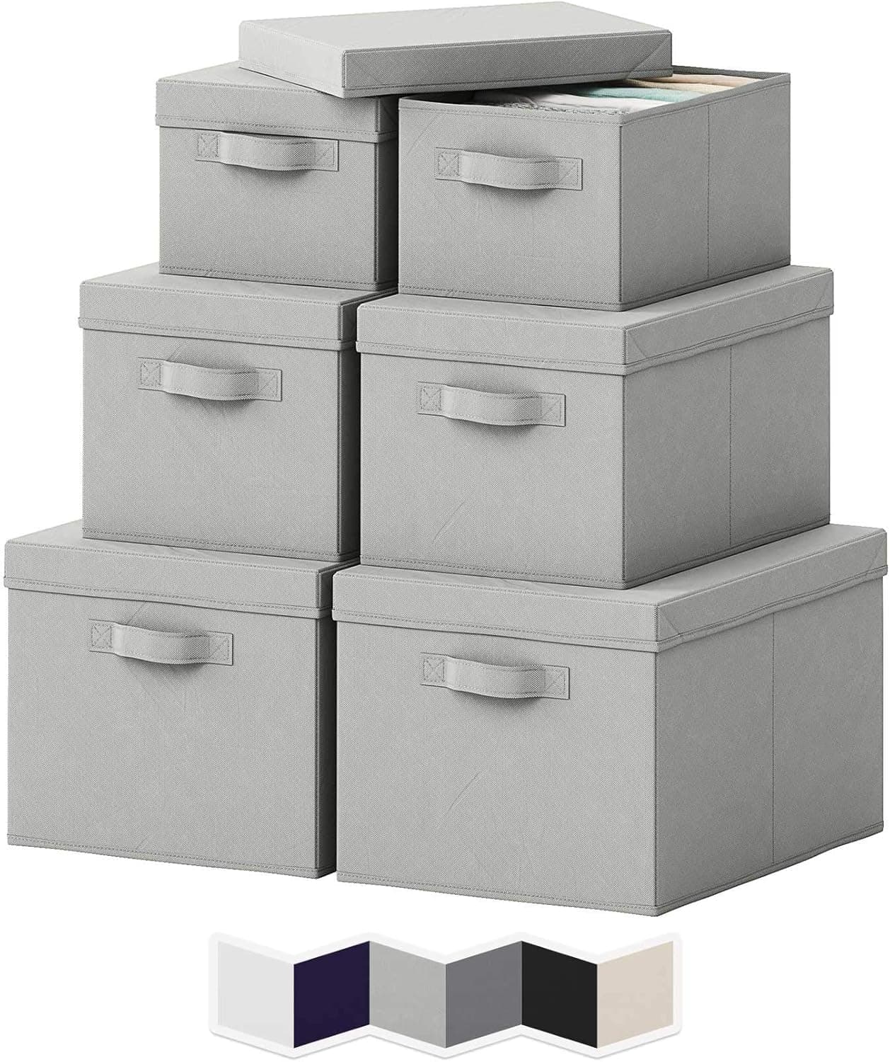 NEATERIZE Storage Bins with Lids. Set of 6 Heavy Duty Stackable MDF Covered With Fabric Storage Boxes with 2 Handle, Use for Organizing Closet, Garage, Clothes, Blankets, Linen (Light Grey)