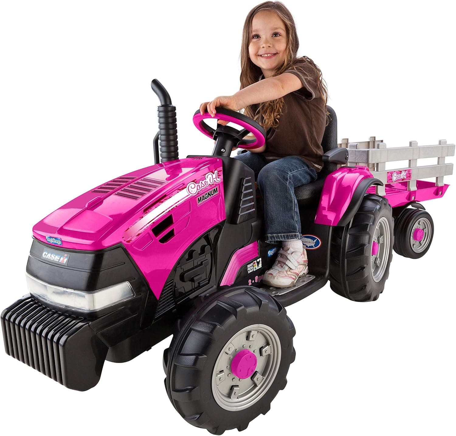 Peg Perego Case IH Magnum Tractor and Trailer 12 Volt Ride on, Pink