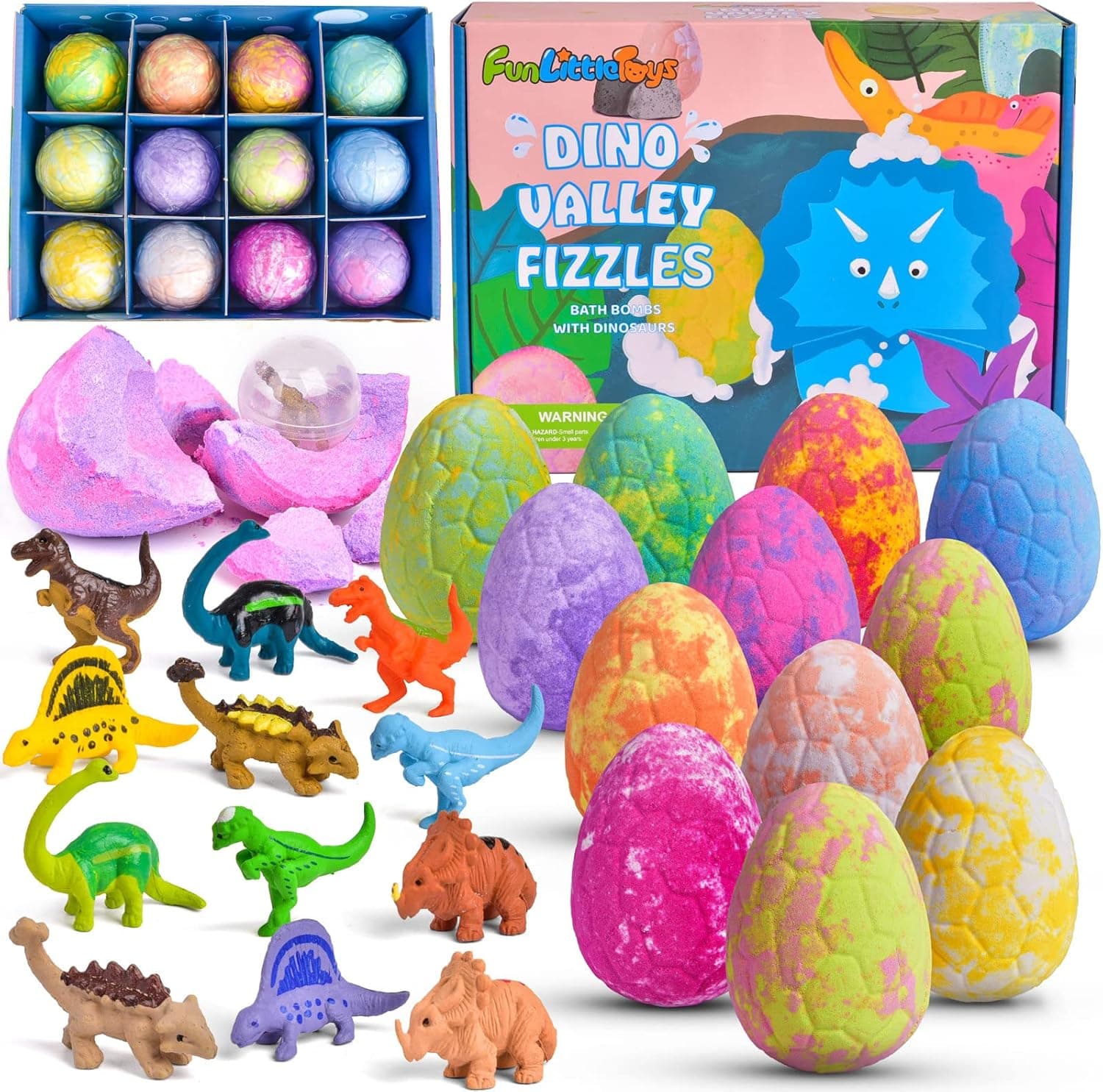 Fun Little Toys Bath Bombs for Kids with Toys Inside - Set of 12 Organic Bubble Bath Fizzies with Ancient Dinosaurs Toys. Bubble Bath Fizzies Toys for Kids. Birthday, Easter Basket, Gifts for Kids