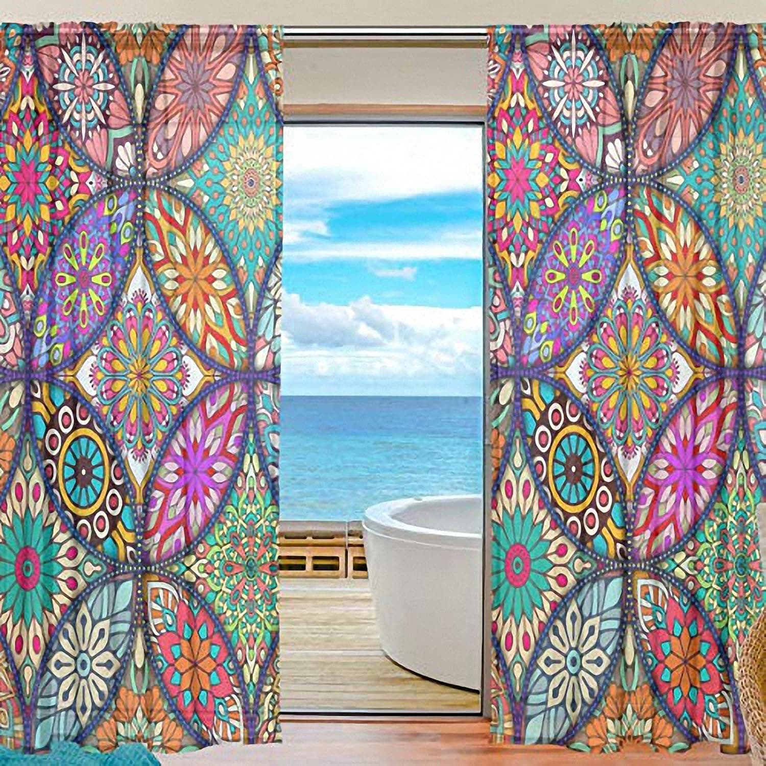 Colorbal Mandala Bohemian Window Sheer Curtains Polyester Fiber Drapes Curtain Panel for Door Kitchen Living Room Bedroom 84 inch Long, 1pc