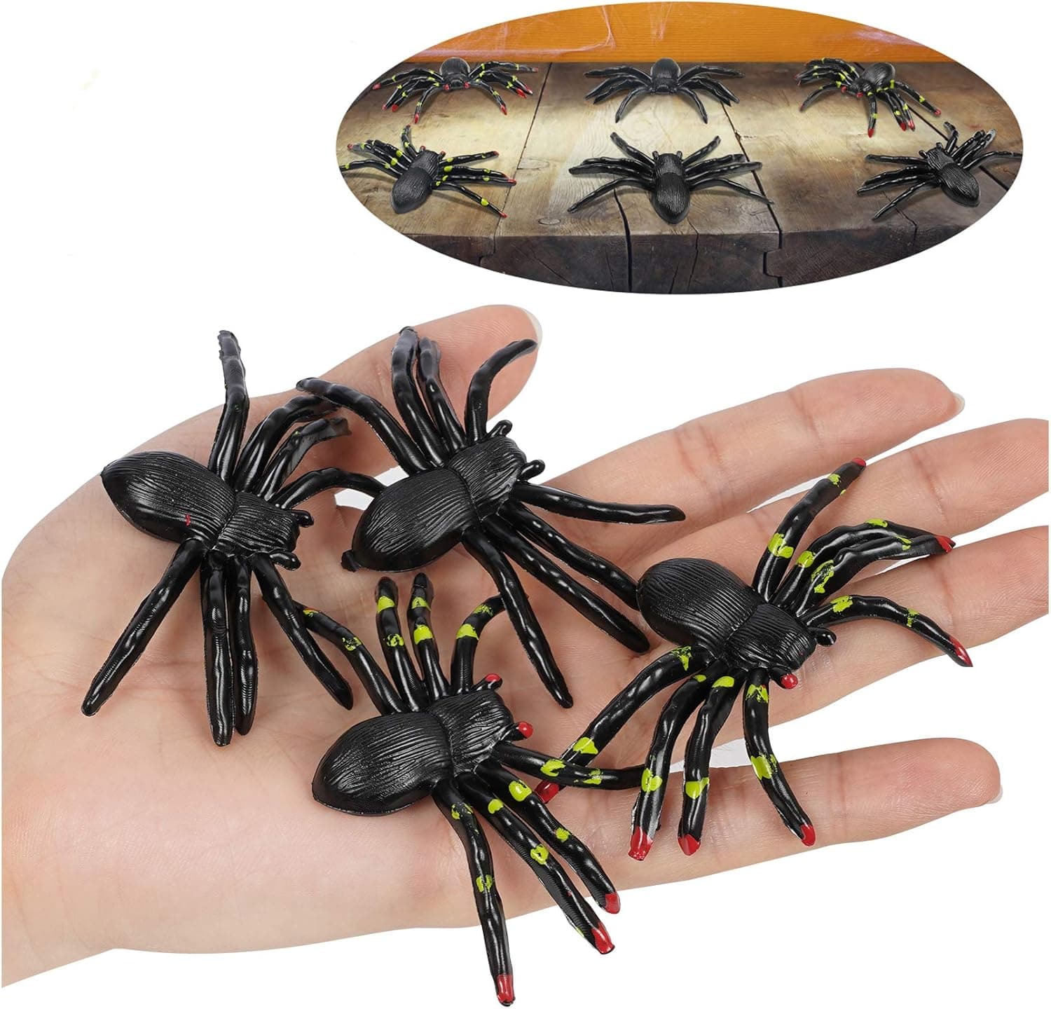 HIGHEVER Halloween Decoration Fake Spider Toys - 30 Pcs Black and Colorful Realistic Halloween Prank Props, Small Size Funny Halloween Decorations