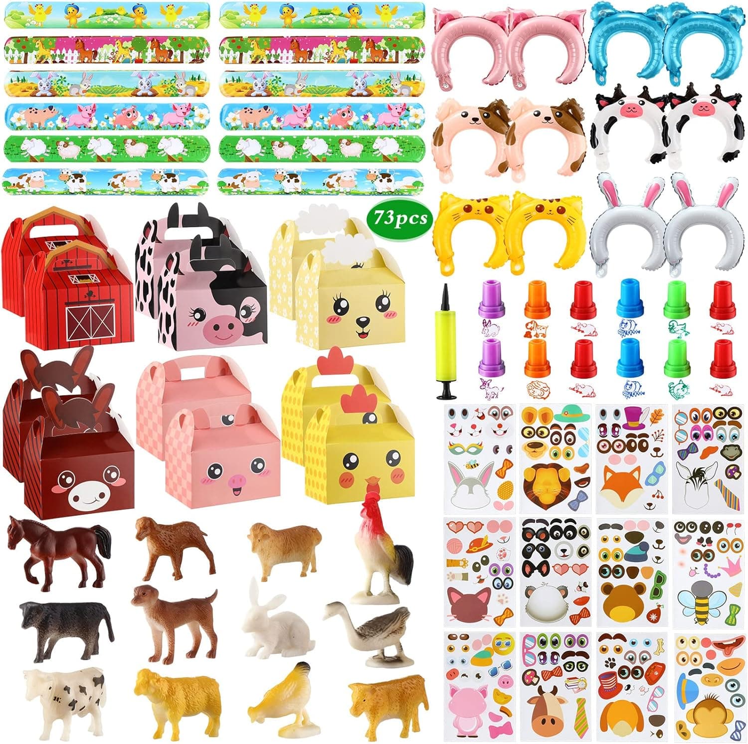 Charniol 73 Pcs Farm Animal Birthday Party Favor Set Include Boxes Miniature Figures Slap Bracelets Stamps Balloon Headbands Make a Stickers for Supplies