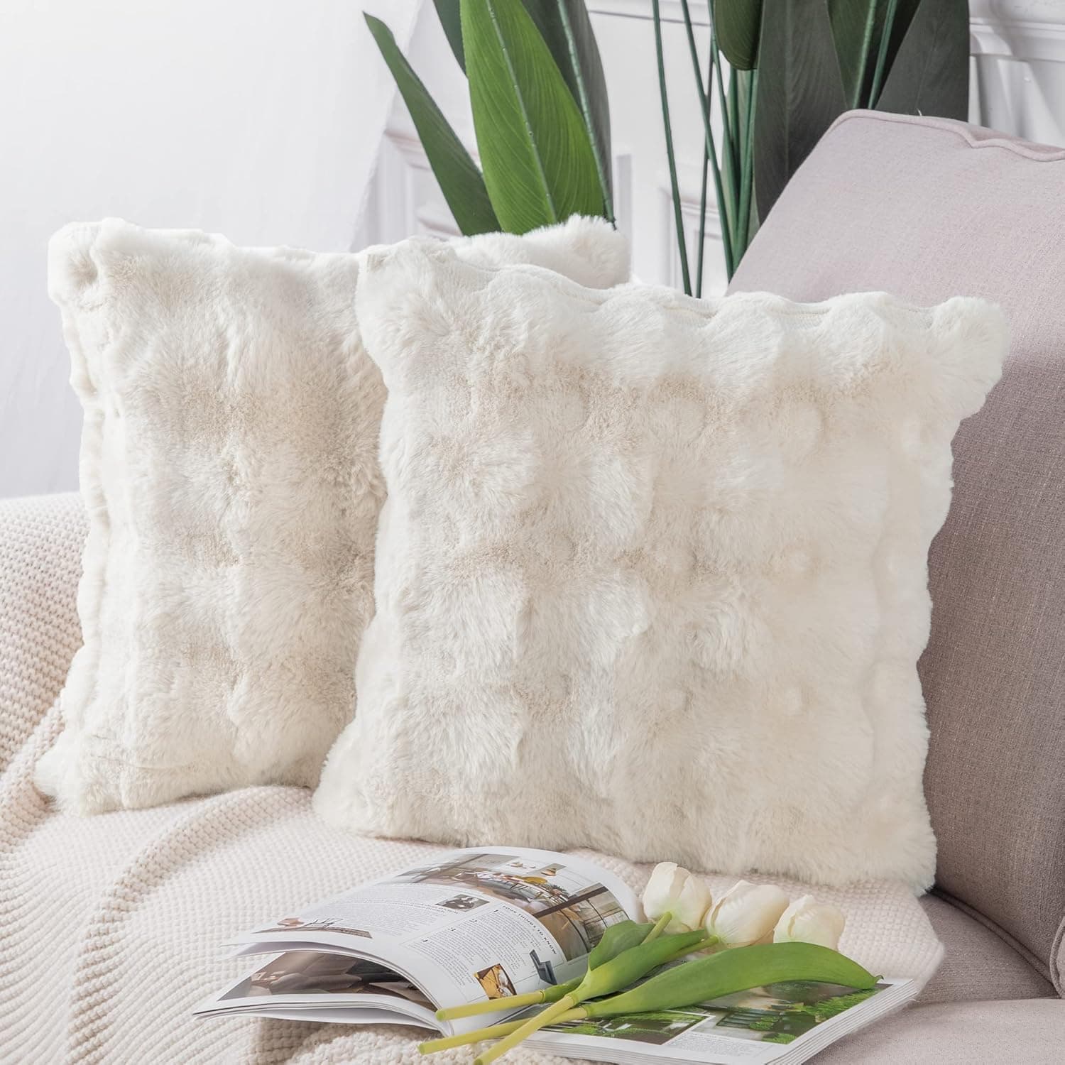 MADIZZ Pack of 2 Thick Plush Wool Throw Pillow Covers 18x18 Inch Cream Soft Decorative Cushion Cover for Sofa Bedroom Pillow Shell