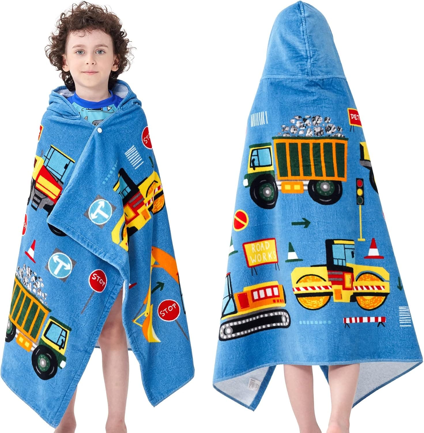 Bavilk Kids Hooded Bath Beach Towel Girls Boys Swim Pool Cover Up Super Absorbent Cute Cartoon Animal Full Vitality (Blue Car)
