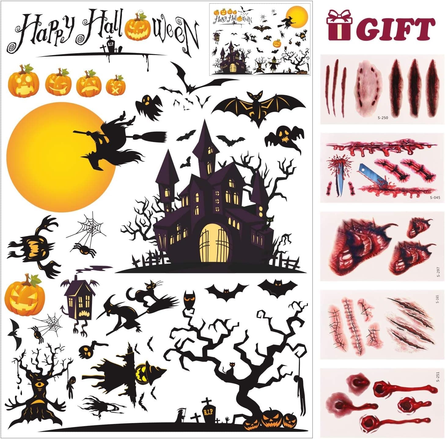 JVIGUE Happy Halloween Wall Decals Pumpkins Spooky Cemetery Witch and Bats Tomb Wall Stickers for Halloween Decoration