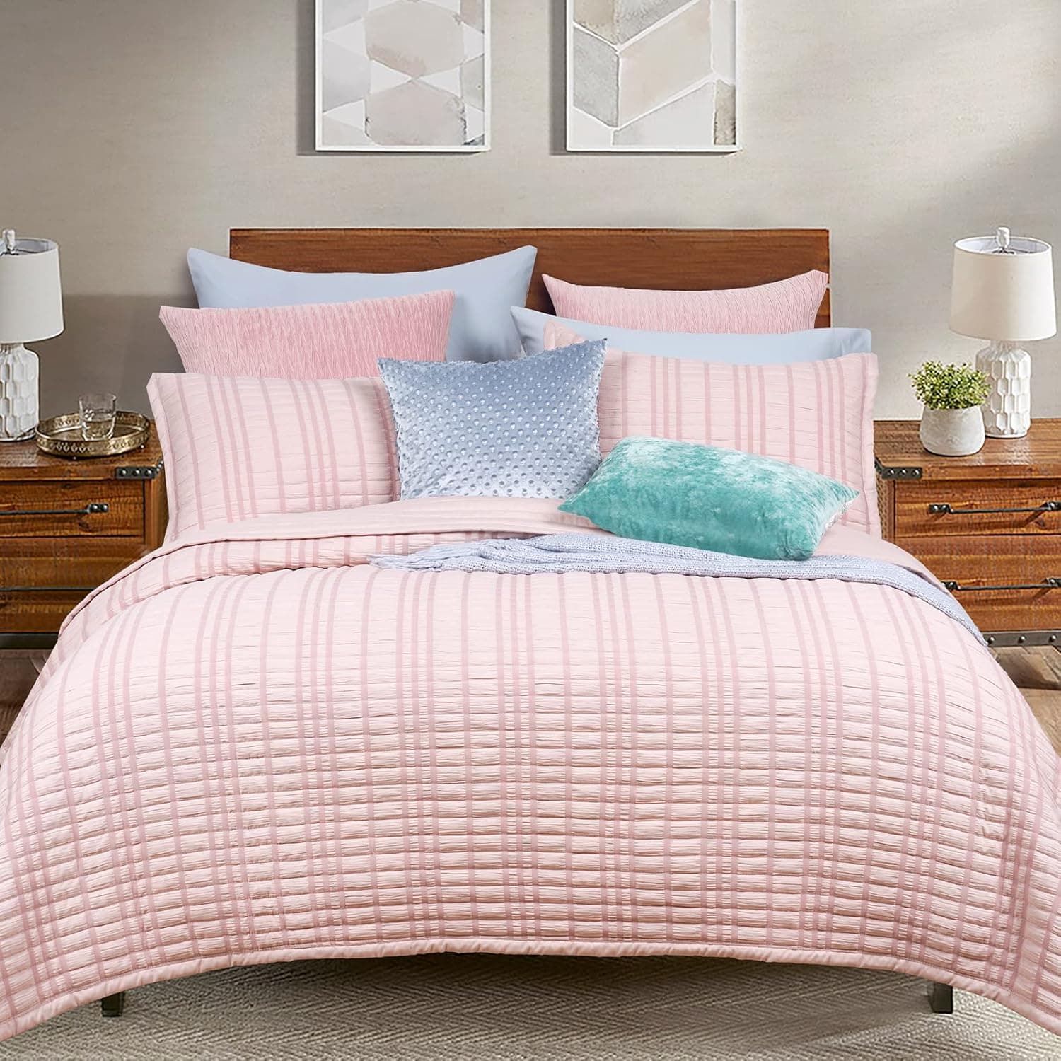 PHF Seersucker Quilt Set Twin Size, Drop Nicely, 2PCS Washed Soft Bedspread, Modern Stylish for All Season, 1 Lightweight Textured Stripe Coverlet and 1 Pillow Case, Queen Pink