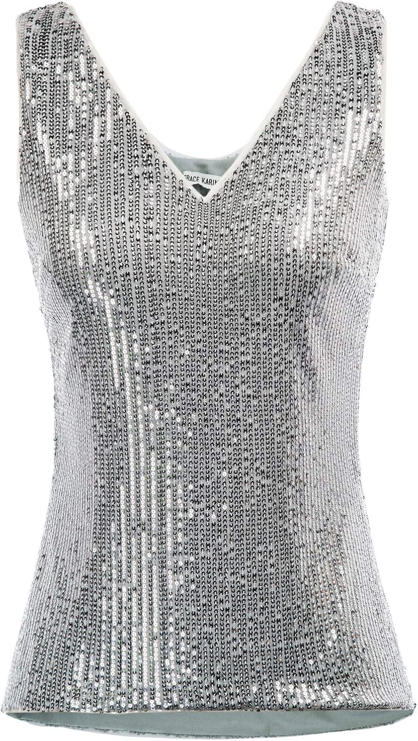 GRACE KARIN Women's Sleeveless Sequin Camisole Vest Glitter Shimmer Tank Tops Grey 2XL