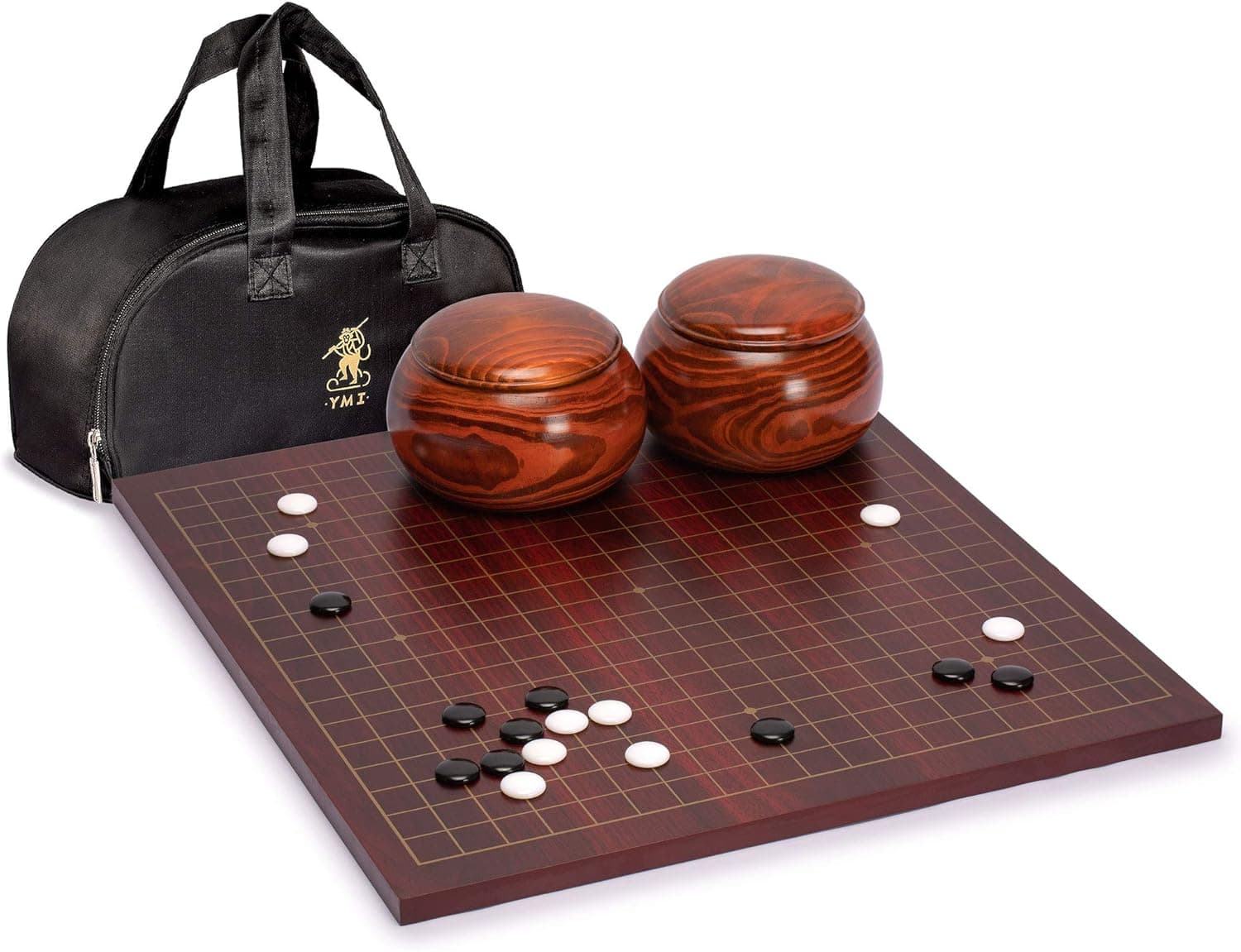 Yellow Mountain Imports Dark Cherry Veneer 0.6-Inch Reversible Go Game Set Board with Single Convex Melamine Stones and Jujube Bowls - Classic Strategy Board Game (Baduk/Weiqi)