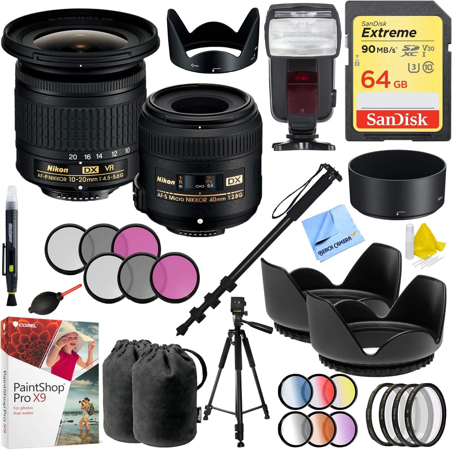 Nikon 13534 Landscape and Macro Two Lens Kit Bundle with 64GB Memory Card, 52mm Filter Set, Flash, 72-Inch Monopod, 72mm Filter Kit, 60 Inch Tripod, Paintshop Pro and Accessories (7 Items)
