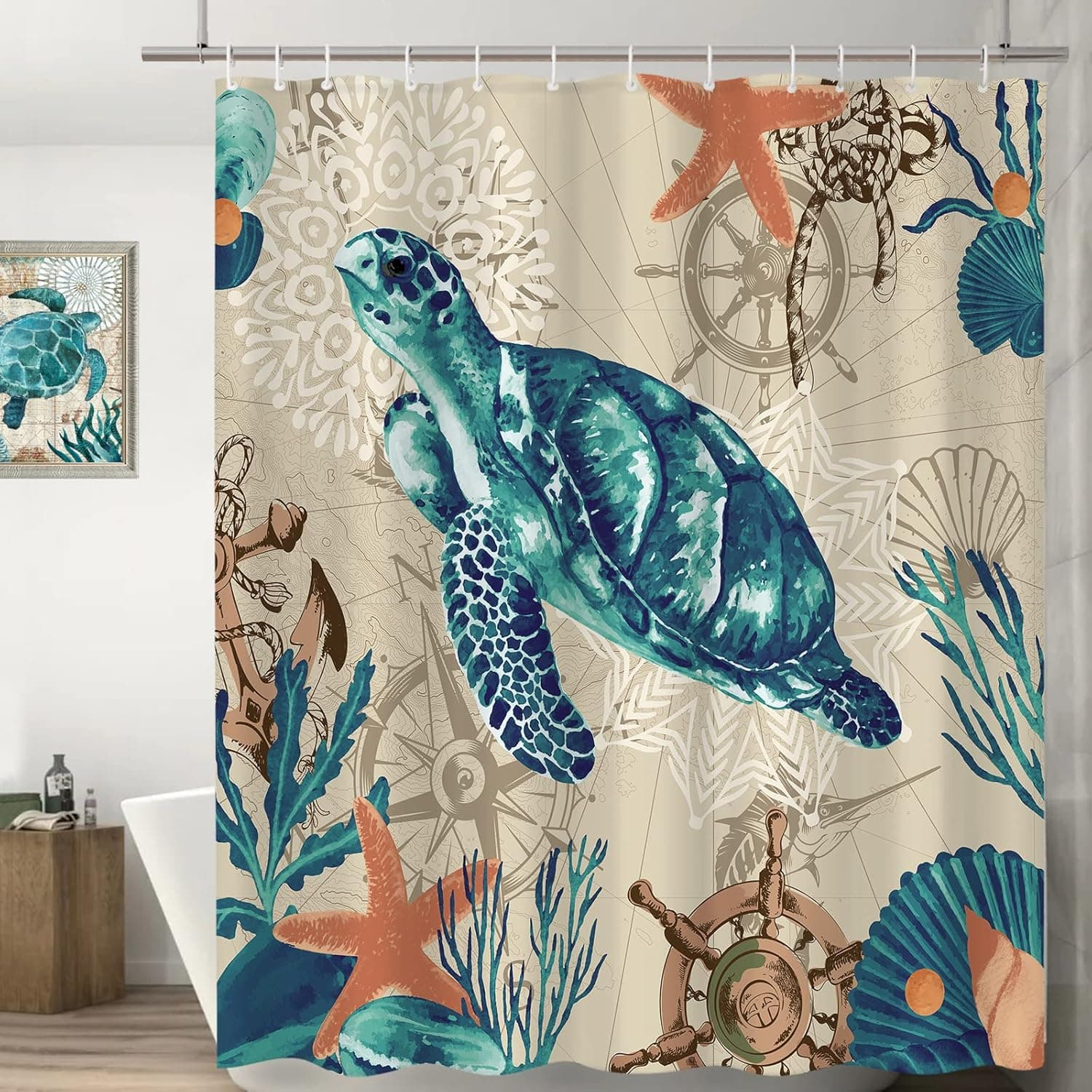 Gezocaromo Sea Turtle Shower Curtain, Beach Theme Nautical Shower Curtain Blue Ocean Creature Landscape Decorative Bathroom Curtain Durable Fabric with 12 Hooks, 72x72 Inch (Map Sea Turtle)