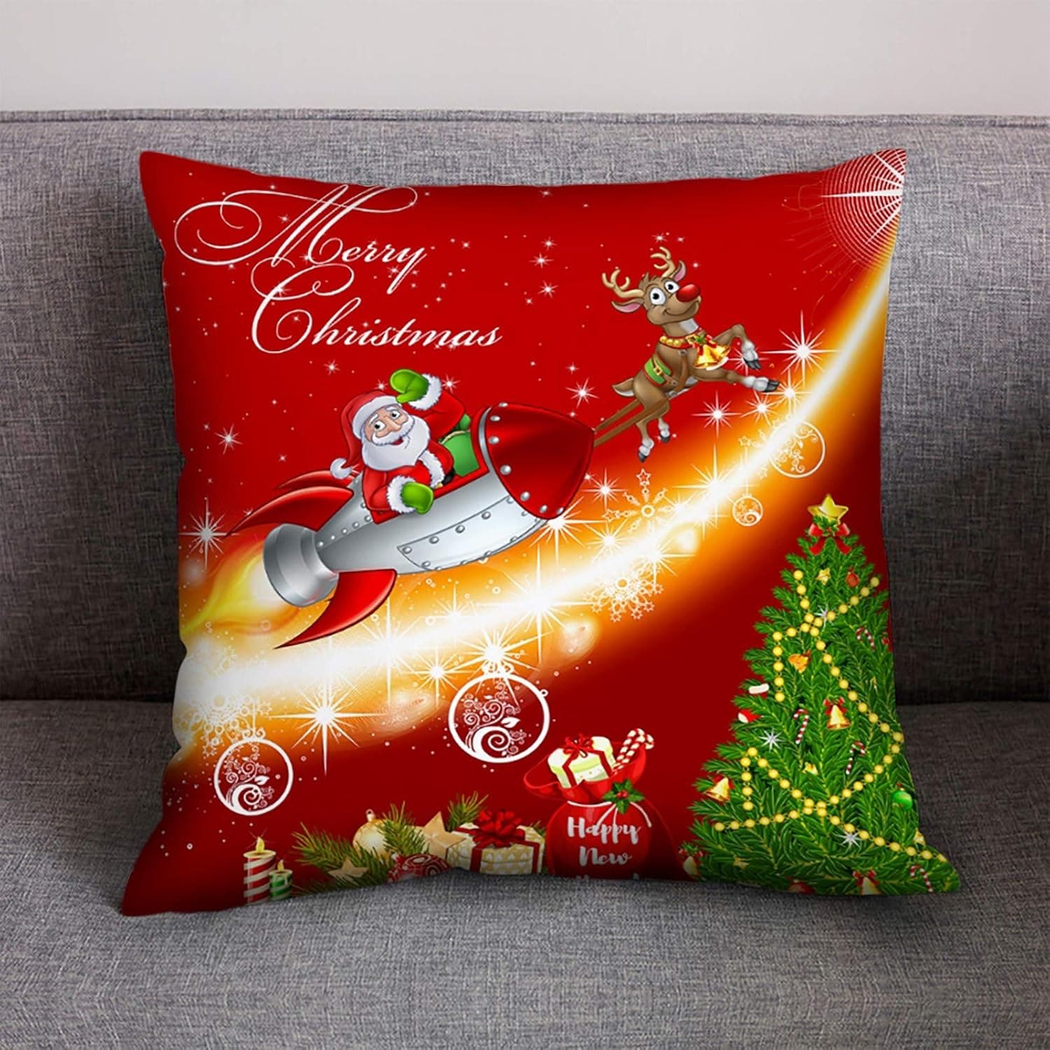 Shan-S Christmas Pillows Cace Xmas Tree Santa Claus Reindeer Square Throw Pillows Covers Light Up Pillowcase with Battery Operated LED Christmas Lights for Christmas Decorations for Home Bedroom