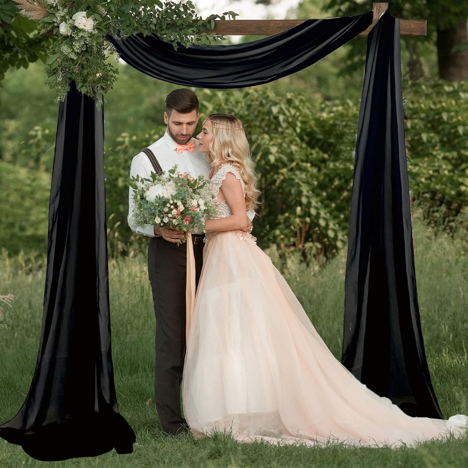 Wedding Arch Draping Fabric 18FT 2 Panels Black Chiffon Fabric Drapery Sheer Curtains for Backdrop Wedding Accessories Elegant Wedding Arches for Ceremony Archway Drapes for Banquet Party Celebrations